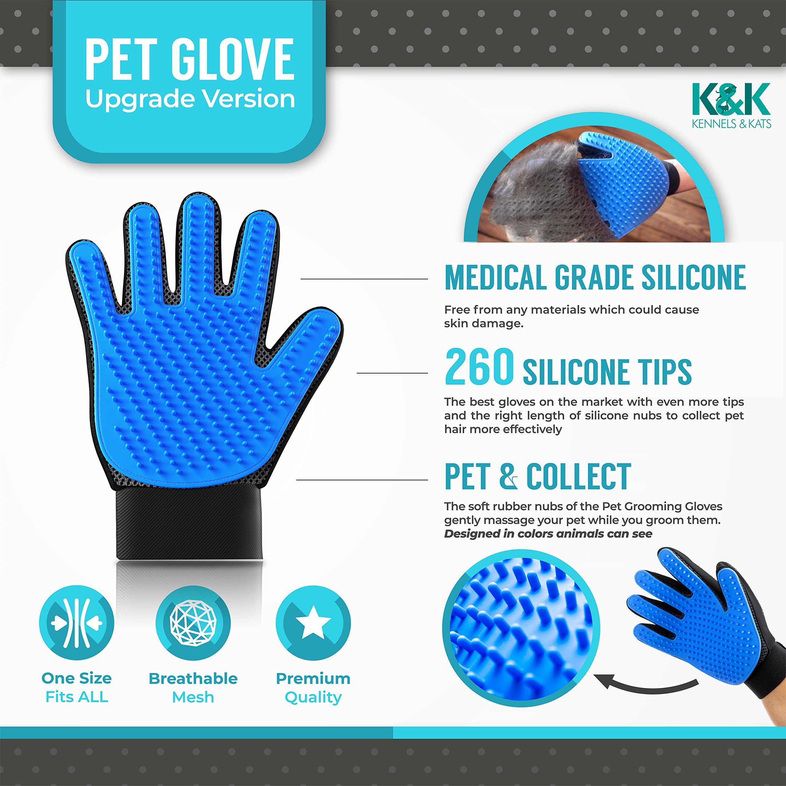 KENNELS & KATS Pet Grooming Gloves | Deshedding Glove for Easy, Mess-Free Grooming | Grooming Mitt for Dogs, Cats, Rabbits & Hor