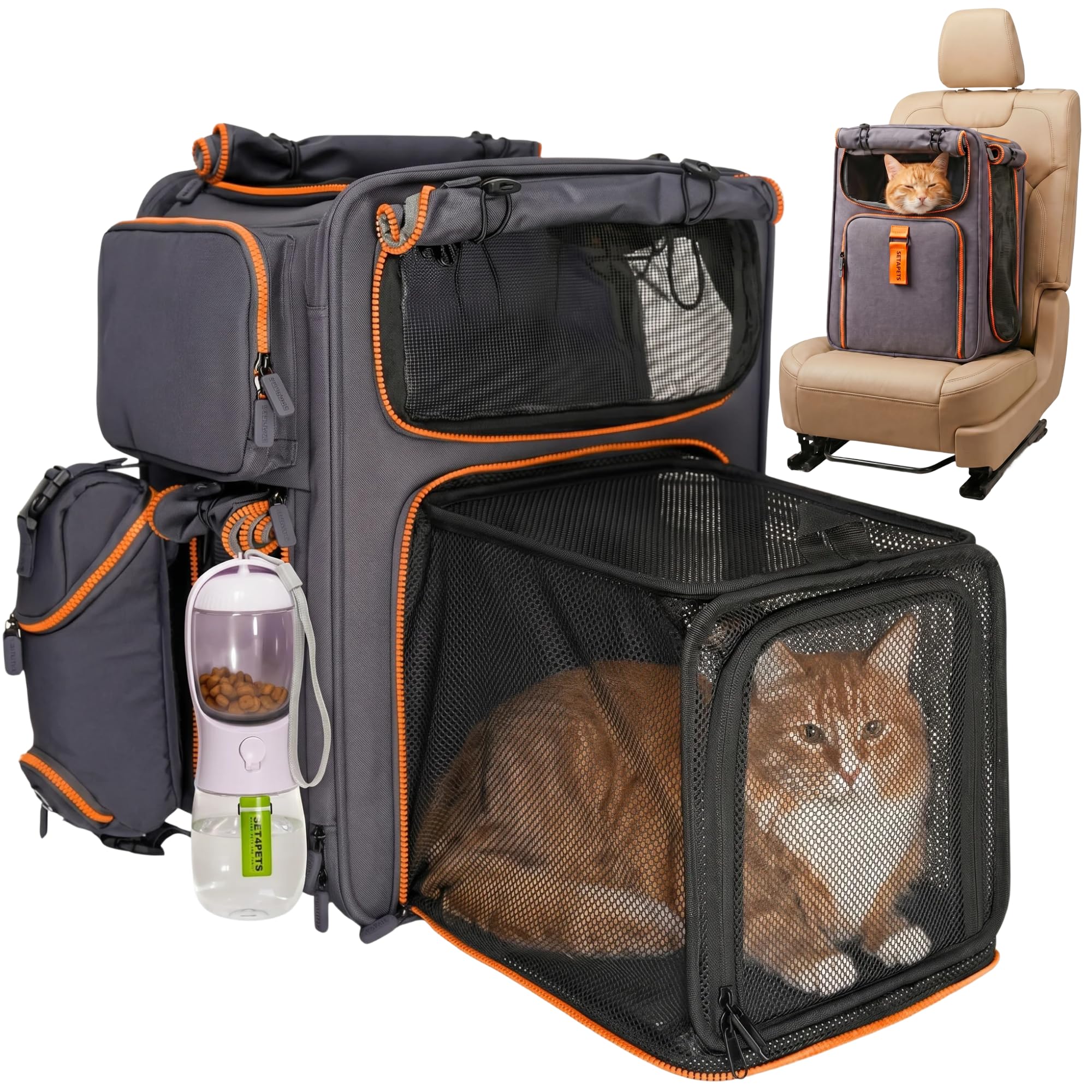 Premium Expandable Cat Carrier Backpack with Car Seat Belt Safety System - Rigid Frame Pet Carrier Backpack for Cats & Small Dog