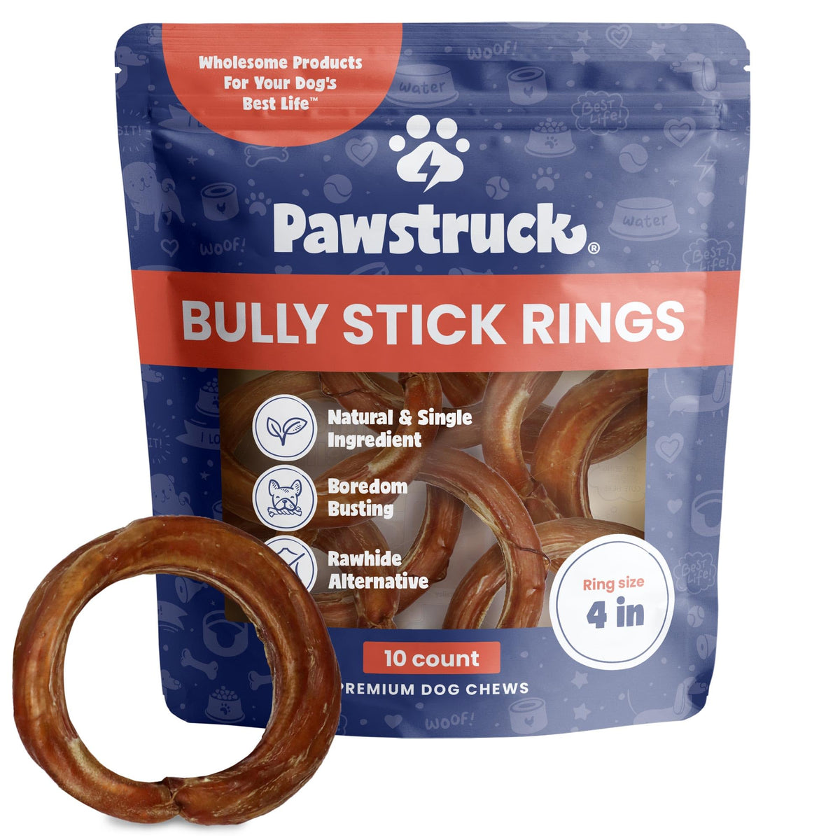 Pawstruck All-Natural 4' Bully Stick Rings For Dogs - Rawhide-Free, 100% Beef, Single Ingredient Dental Chew Bones - Fully Digestible, Low Odor - 10 Count - Packaging May Vary