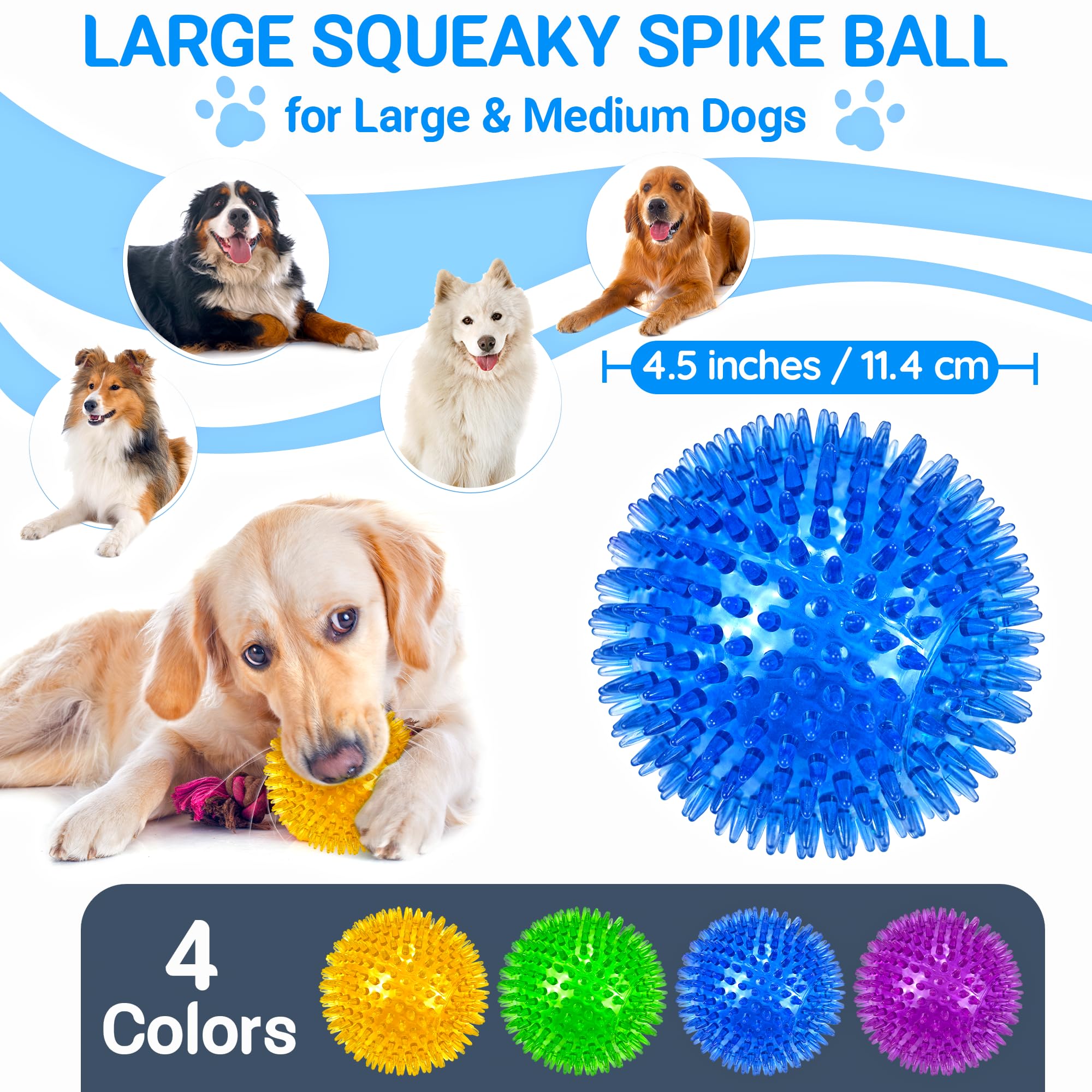 LECHONG 4-Pack Large Squeaky Dog Balls, 4.5 '' for Medium and Aggressive Chewers, Rubber Spiky Chew Toy for Teeth Cleaning, Trai