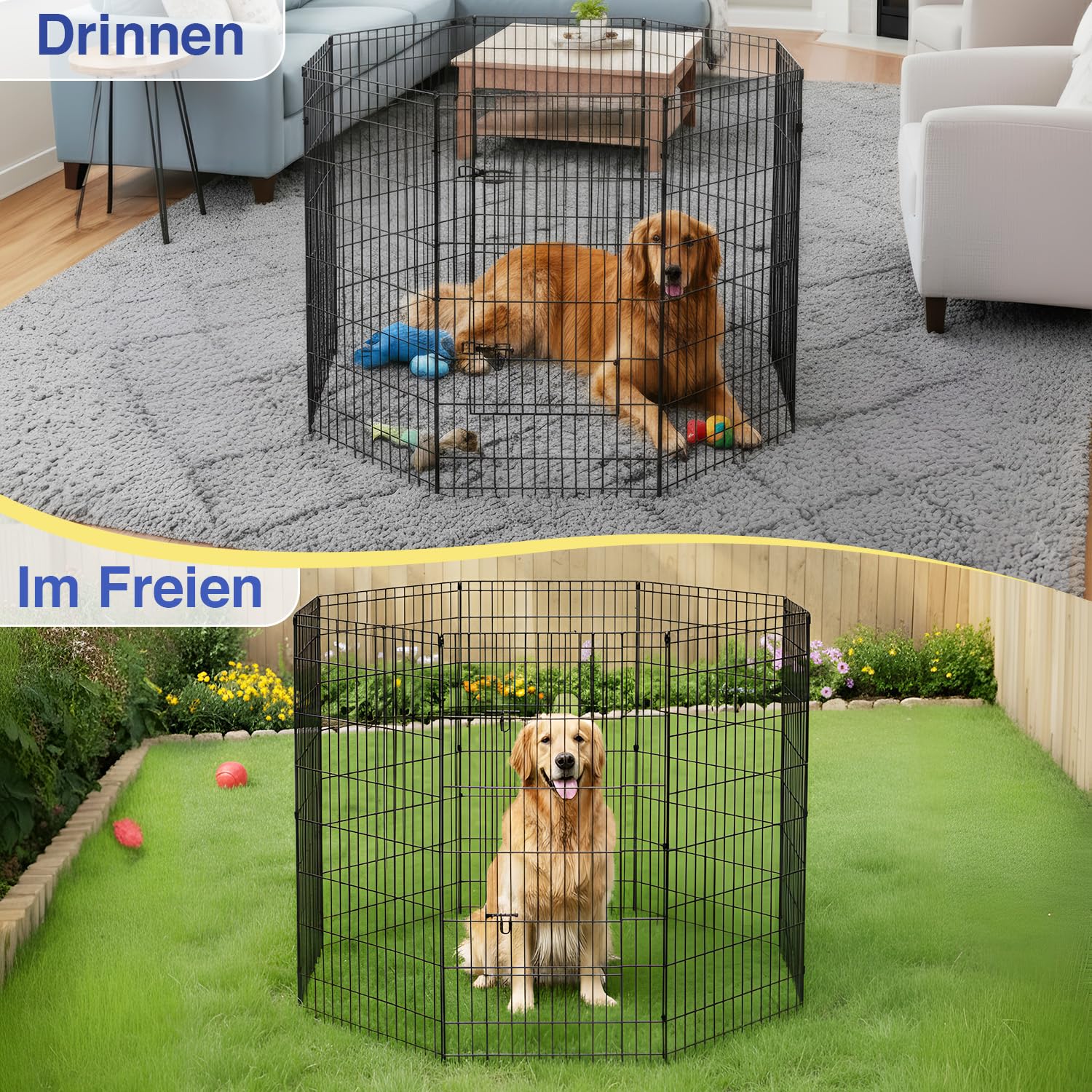 FDW 48 Inch Dog Pen 8 Panel Dog Playpen Indoor Outdoor Metal Puppy Pet Fence Portable Folding Animal Exercise Fence,Black
