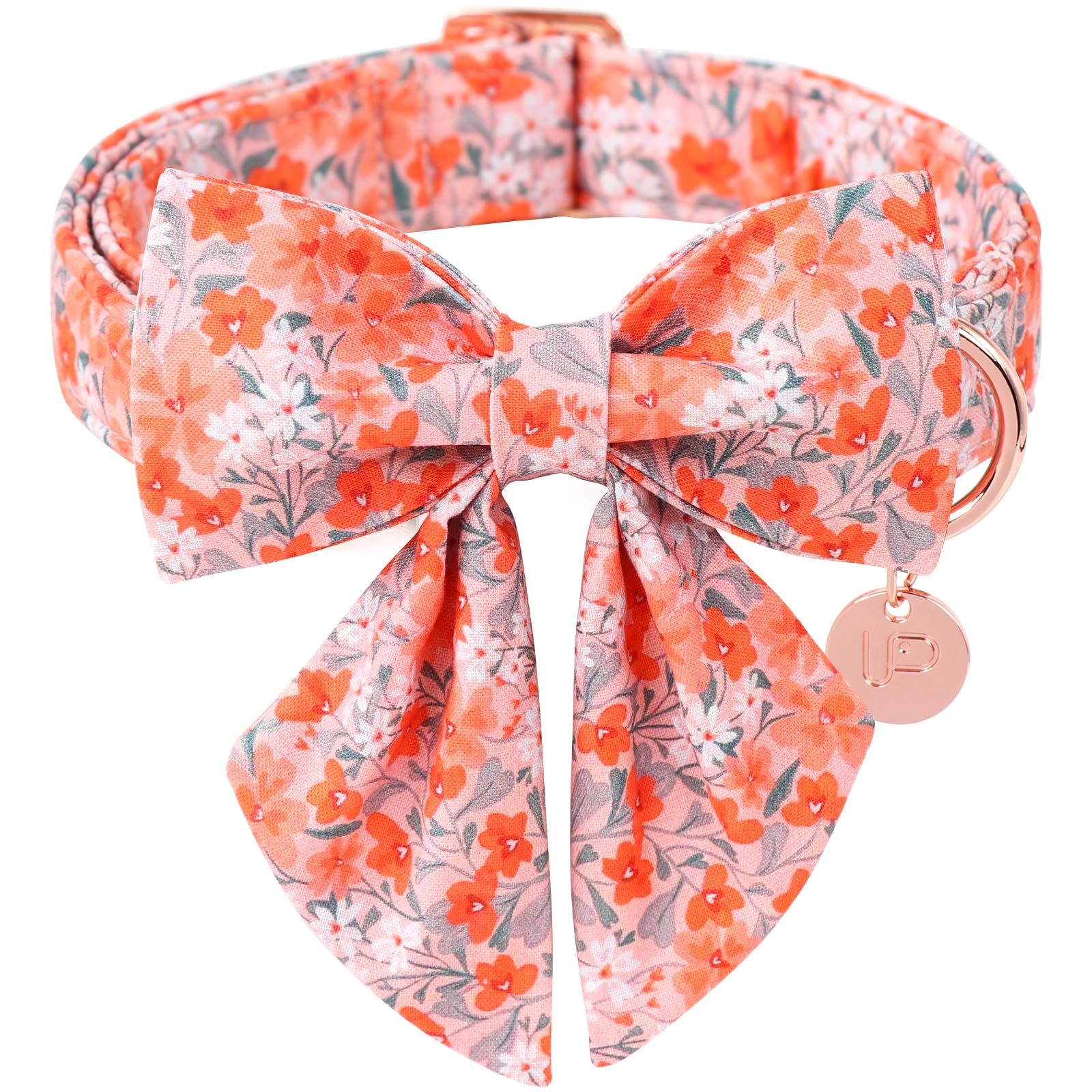Up Urara Pup Orange Flower Bowtie Dog Collar - Summer Collar For Puppy Boy Girl, Comfortable Cotton With Metal Buckle, Xl