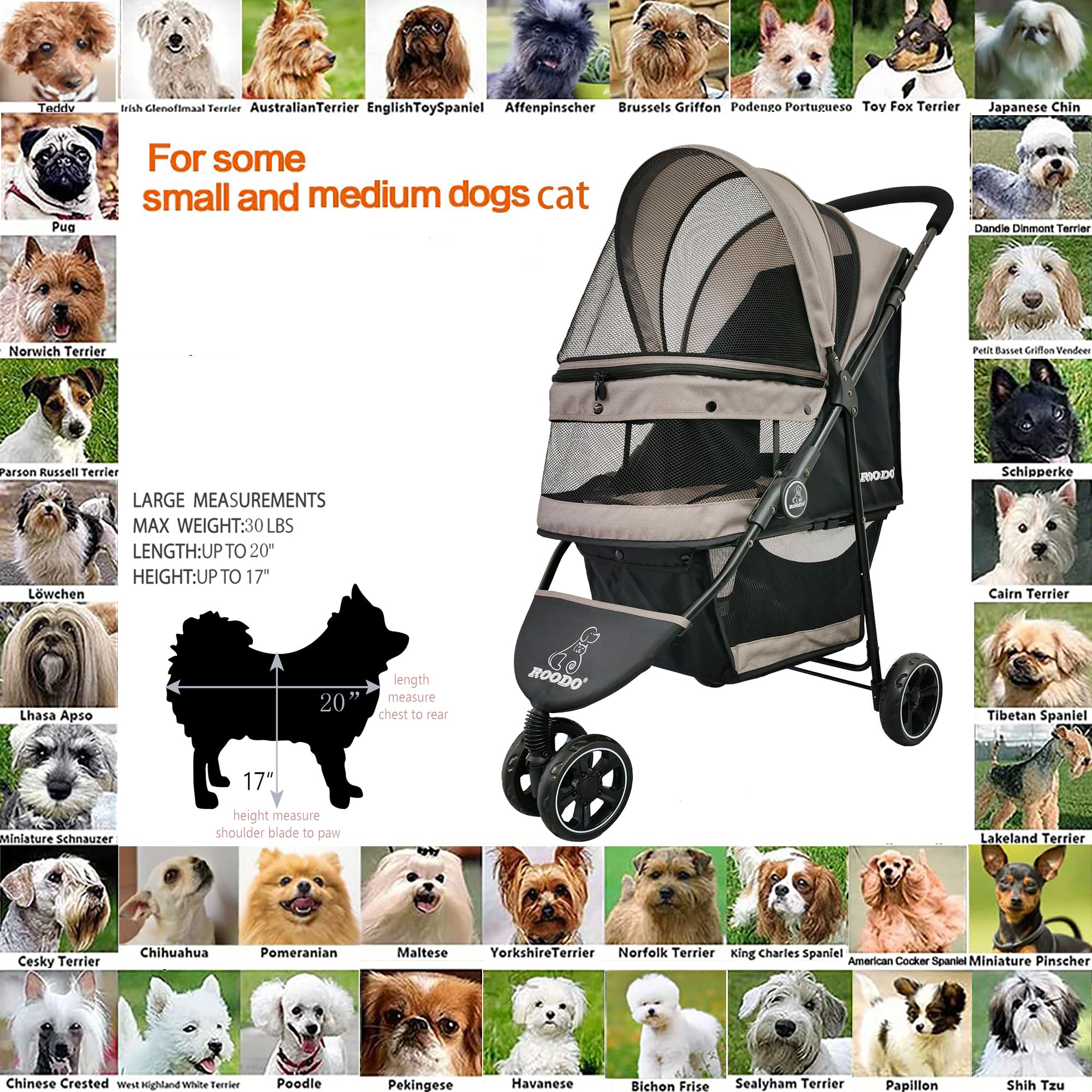 ROODO Escort 3 Wheel Dog Cat Pet Stroller for Small/Medium Dogs Cats Best Lightweight Foldable Portable Compact Jogger All Terra