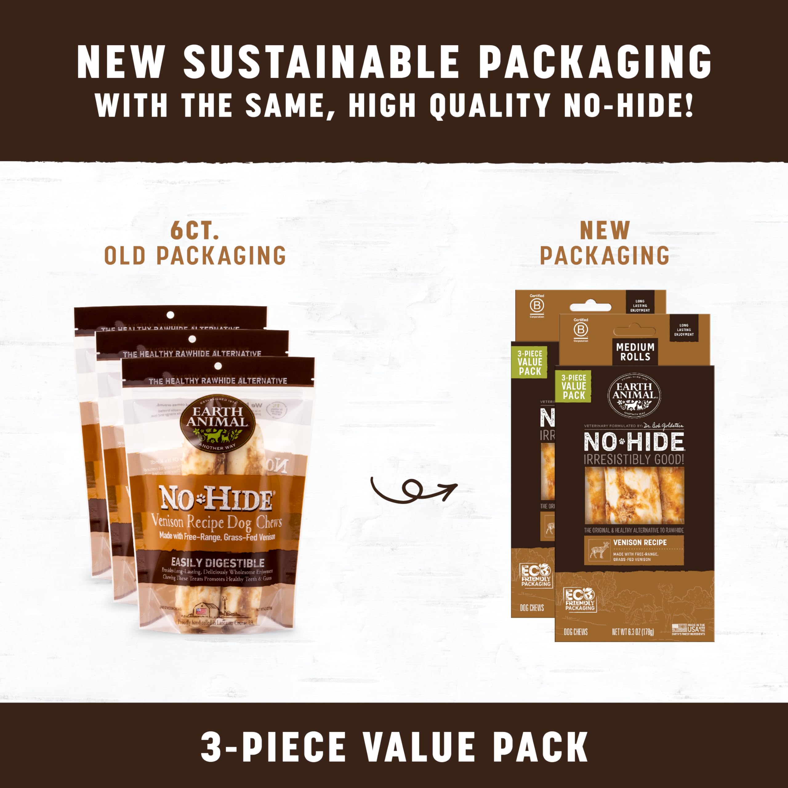 Earth Animal No Hide Chews - Long Lasting Rawhide Free Medium Dog Chews Rolls, Venison - 3 Count Value Pack