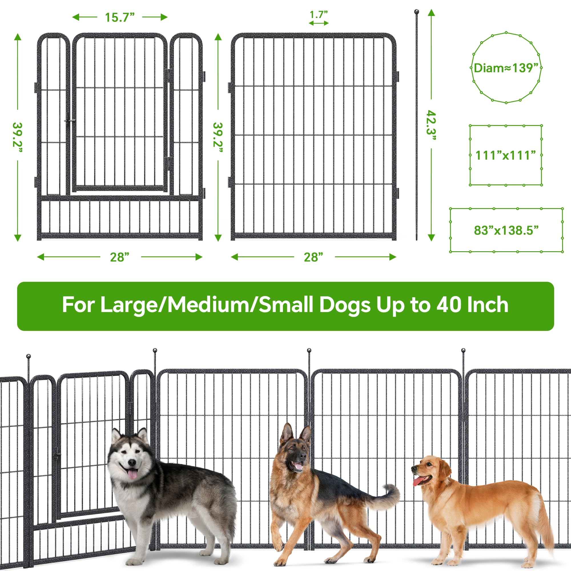 Mr Ironstone 40'' Height Dog Playpen With Anti-Rust Coating - 16 Panels Portable & Foldable Indoor/Outdoor Pet Fence For Large,