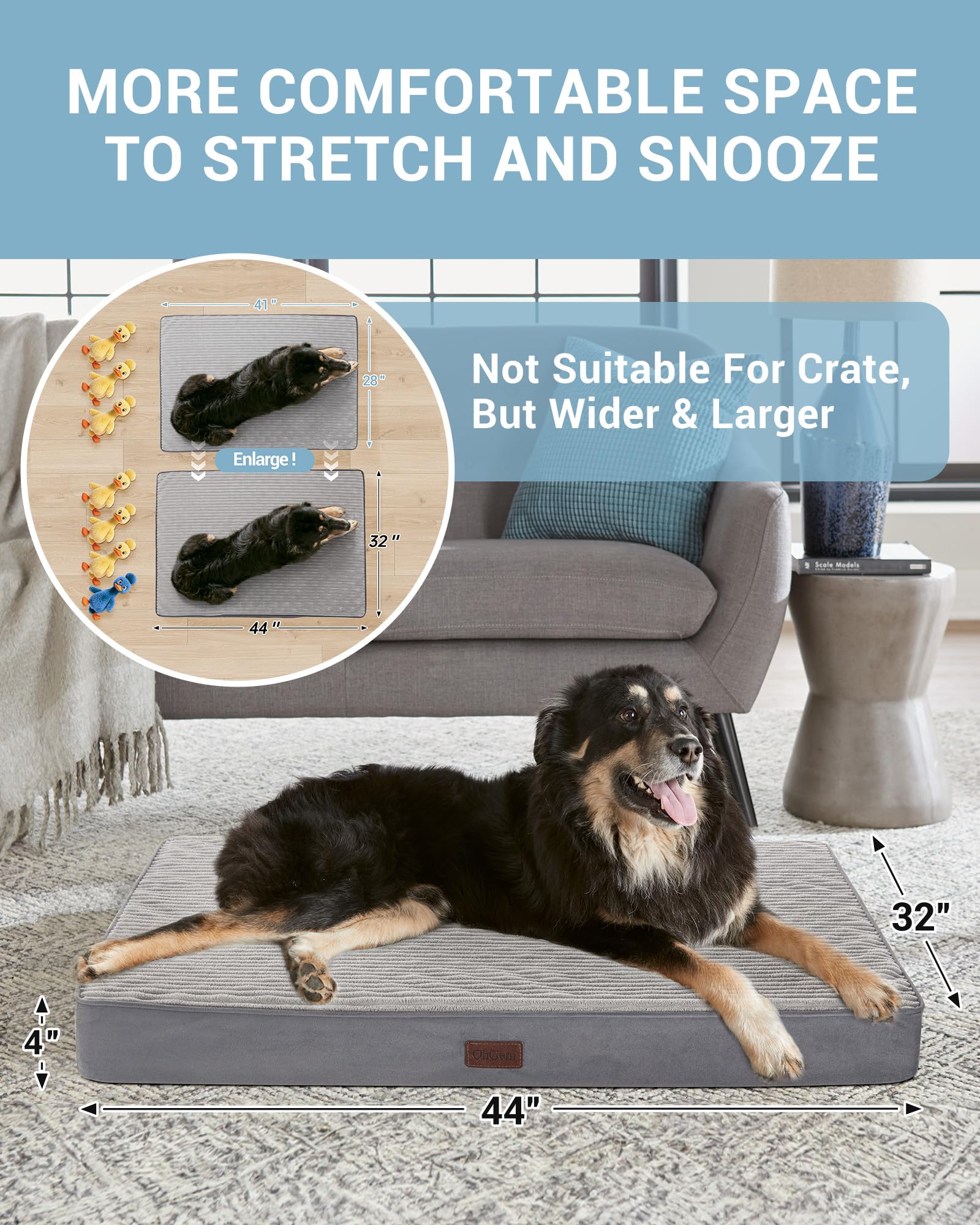Ohgeni Orthopedic Waterproof & Machine Washable Dog Bed For Medium Large Pets, Wider & Larger Size, 25D Egg Crate Foam, Non-Slip