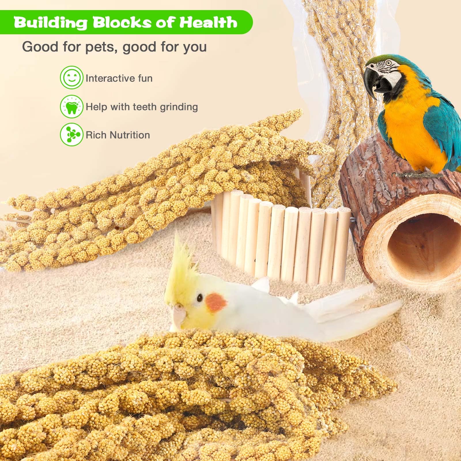 Millet for Birds 2.4LB, Natural Sun-Dried Millet Spray for Birds Seed No Stems Only Edible Tops for Parakeet, Budgies, Finches,