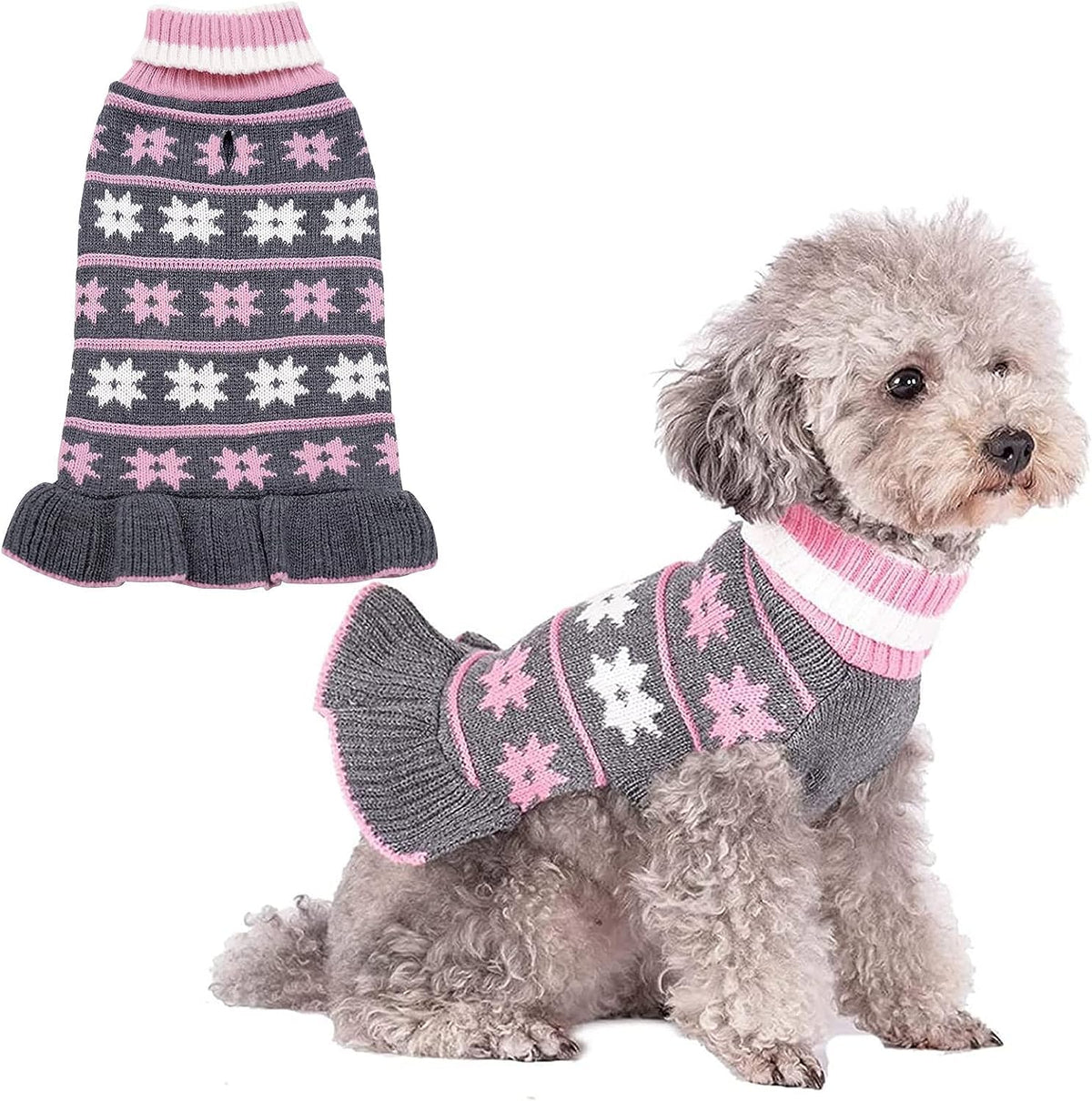 Kyeese Dog Sweater Fall Winter Dog Clothes Warm Dog Coats Cute Dog Sweater Dress With Leash Hole Pullover Knit Turtleneck Dog Sweater With Snowflake Pattern For Small Dogs, Girl Grey, X-Large