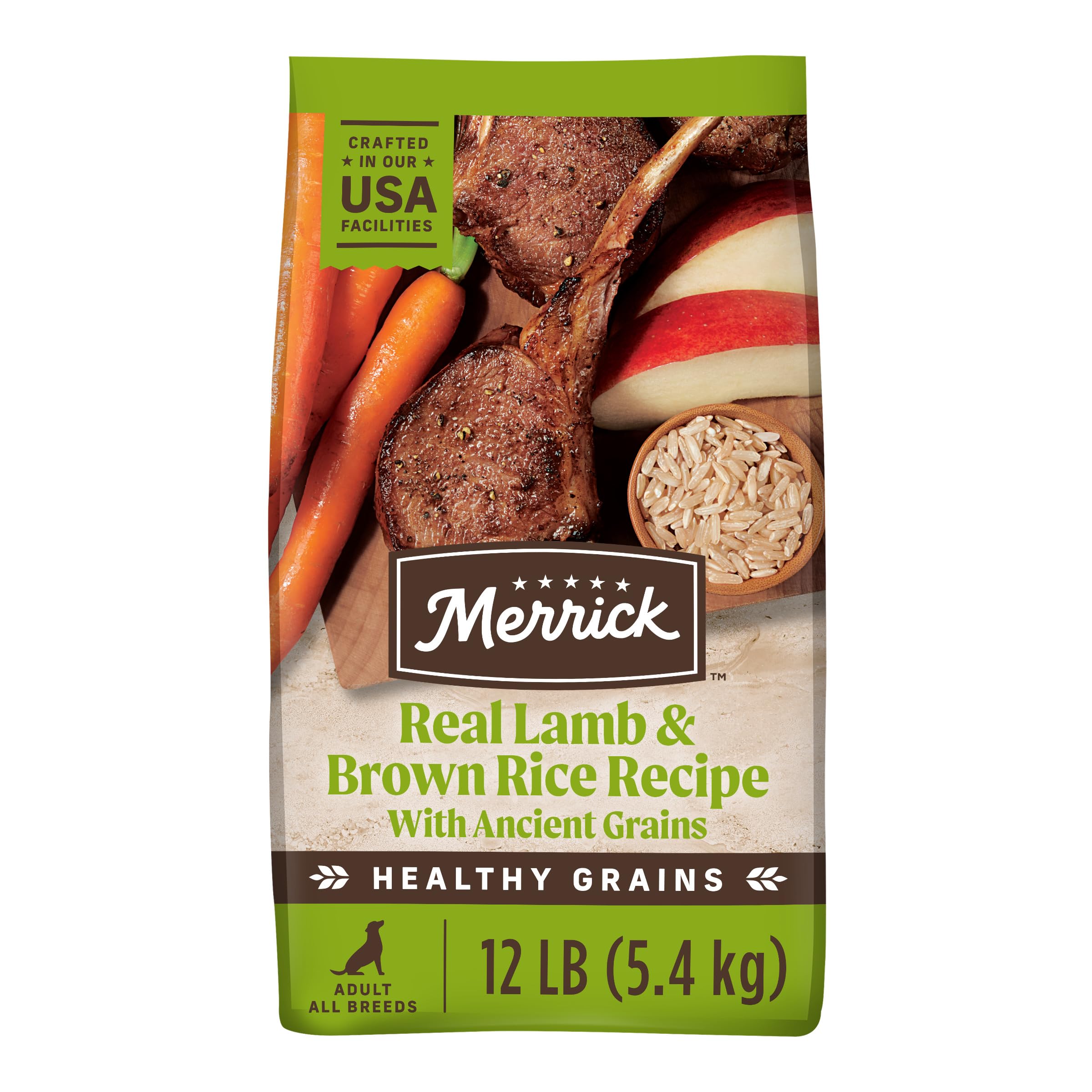 Merrick Healthy Grains Premium Adult Dry Dog Food, Wholesome And Natural Kibble With Lamb And Brown Rice - 12.0 lb. Bag