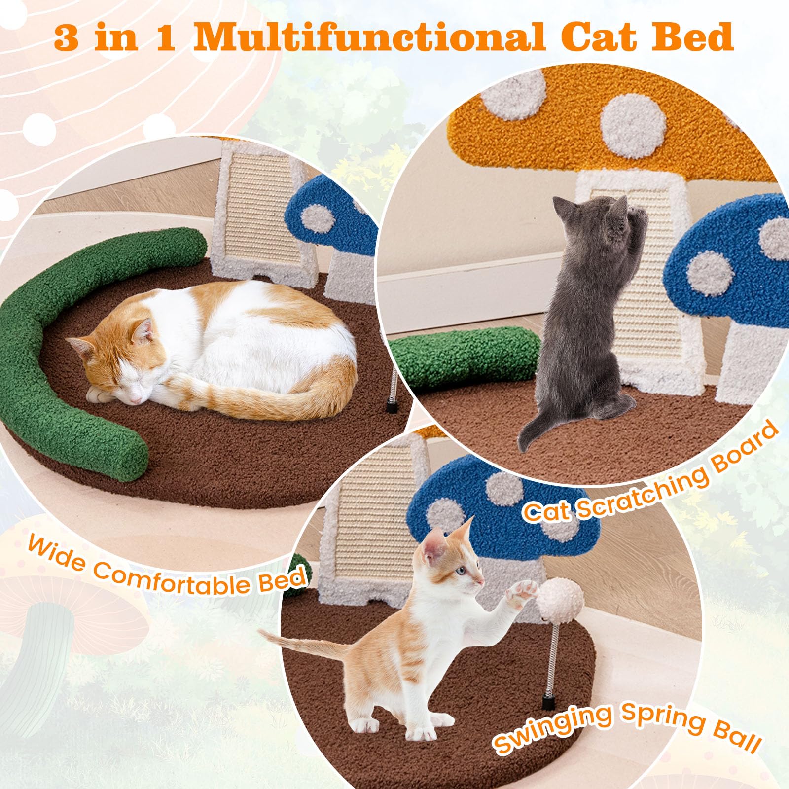Tangkula Mushroom Cat Bed, Cat Claw Scratcher With Wide Large Platform, Sisal Scratching Panel, Spring Ball, Pp Cotton Padded He