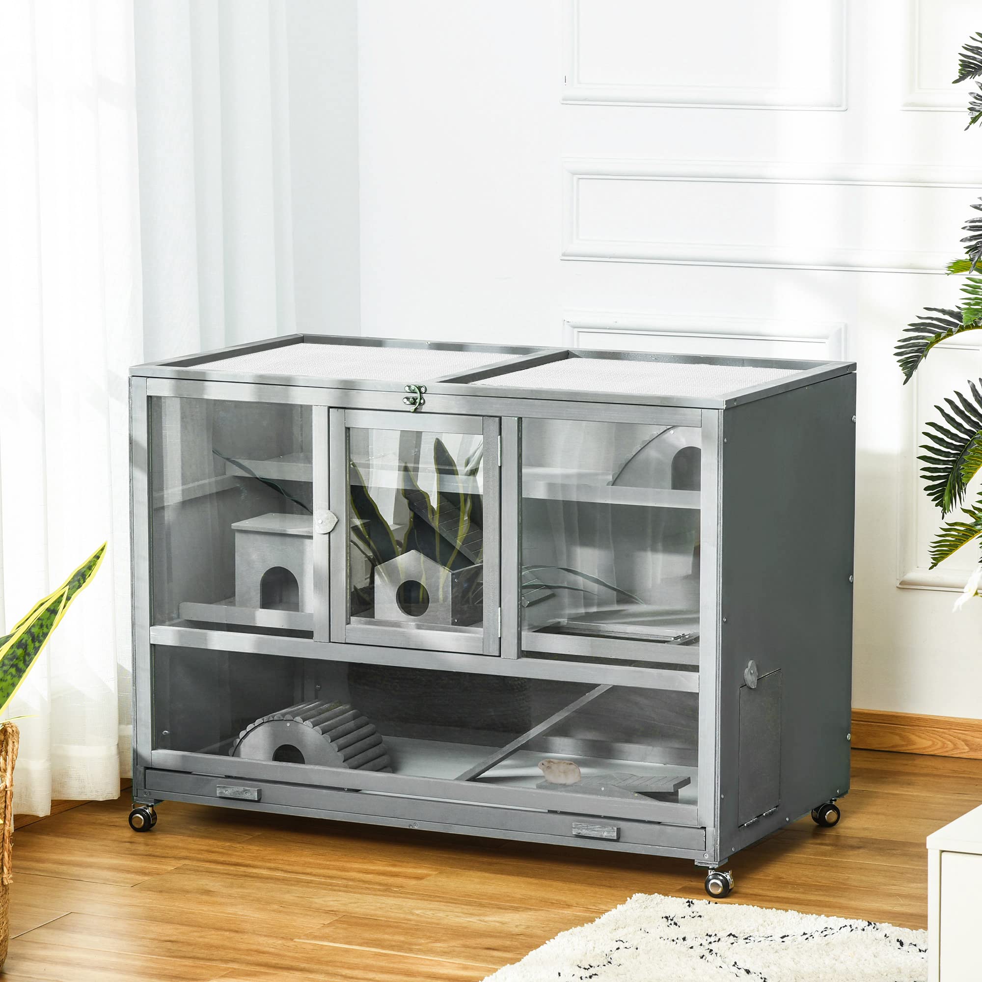 Pawhut Wooden Large Hamster Cage With Seesaw And Wheels, Small Animal Cage And Habitat, 3-Tier Hamster Habitat With Ladder, Dark