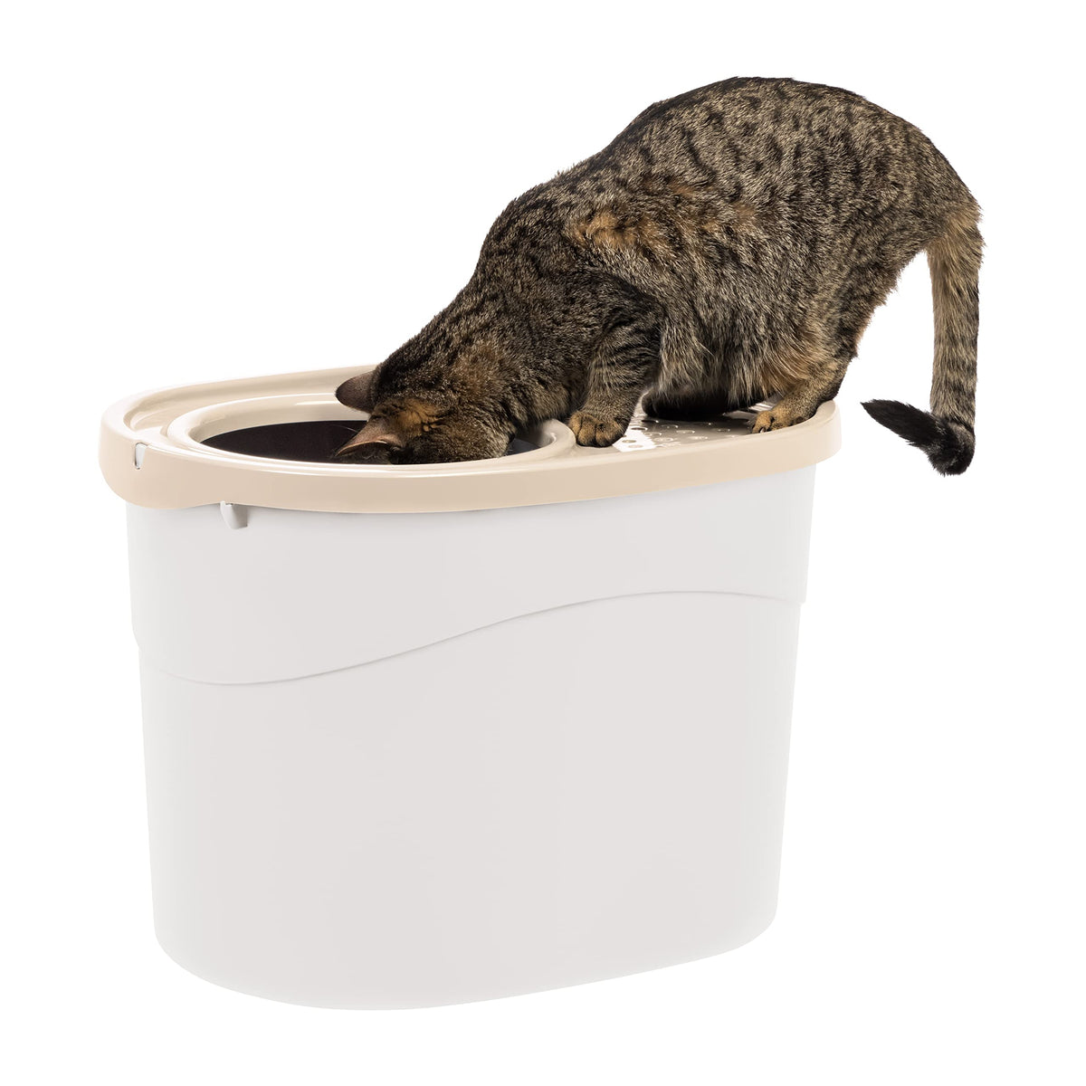 Iris Usa Cat Litter Box, Large Top Entry With Litter Catching Lid And Scoop, Dog Proof, Enclosed Cat Litter Box, White/Beige