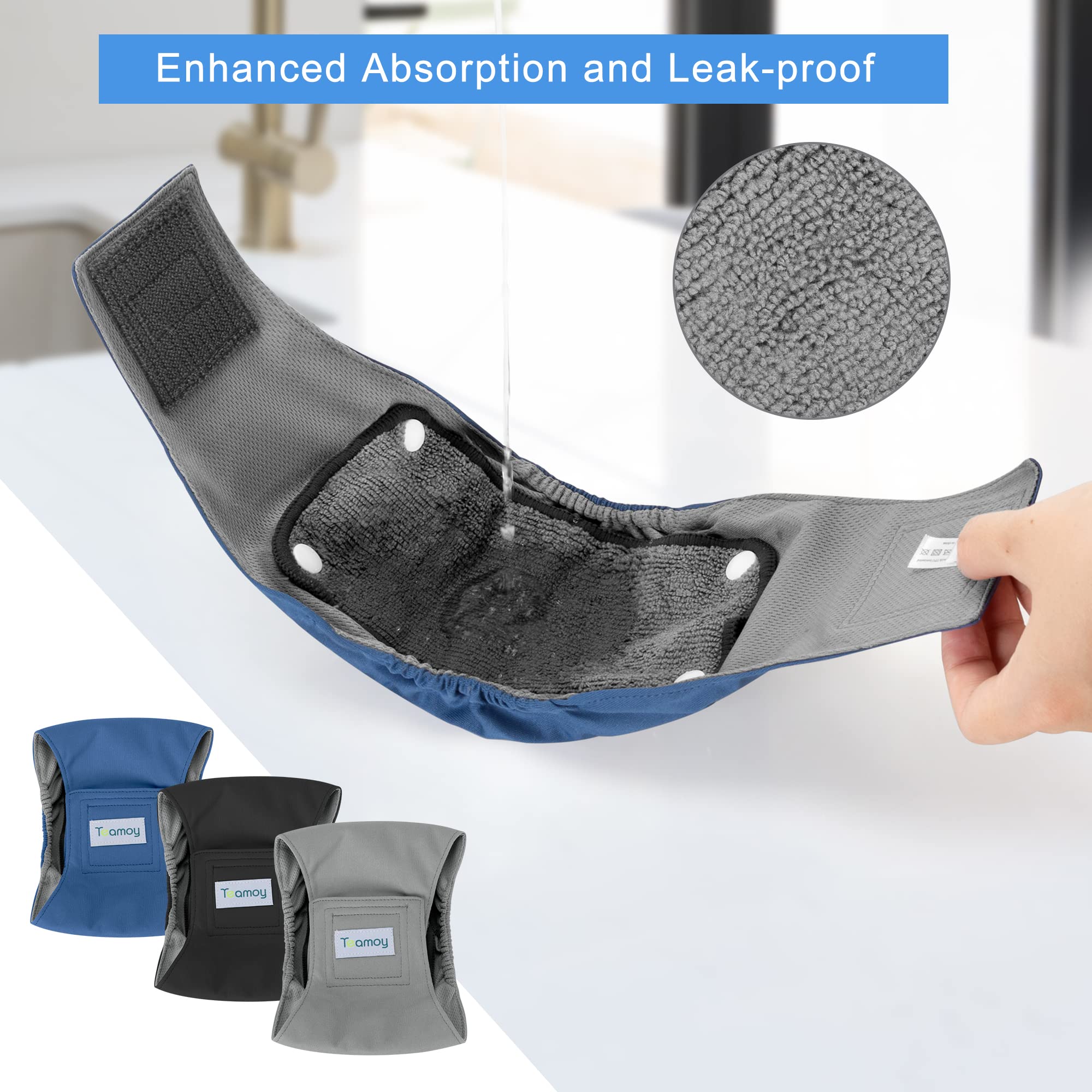 Teamoy Belly Bands For Male Dogs With Removable Pads, Reusable Washable Puppy Dog Diaper Wraps With Gray Lining(Pack Of 3),M