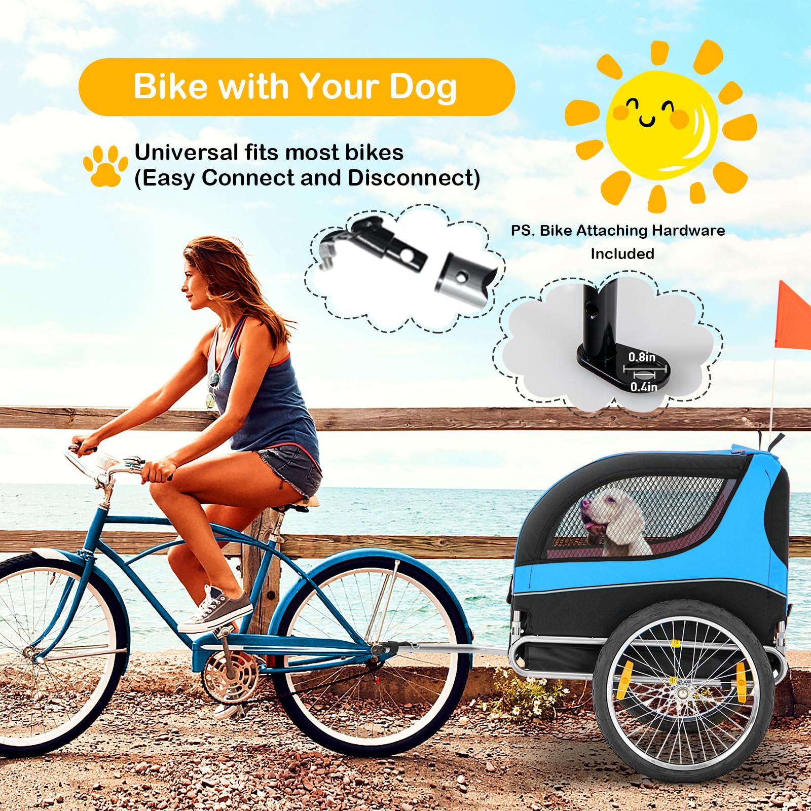 Dog Bicycle Trailer - Happaws Pet Bike Trailer, Dog Carrier For Bike, Cargo Cycle Trailers Wagon Cart W/ 3 Doors, Shock-Absorbent Wheels, Safety Flag, Easy To Connect&Disconnect, Collapsible To Store