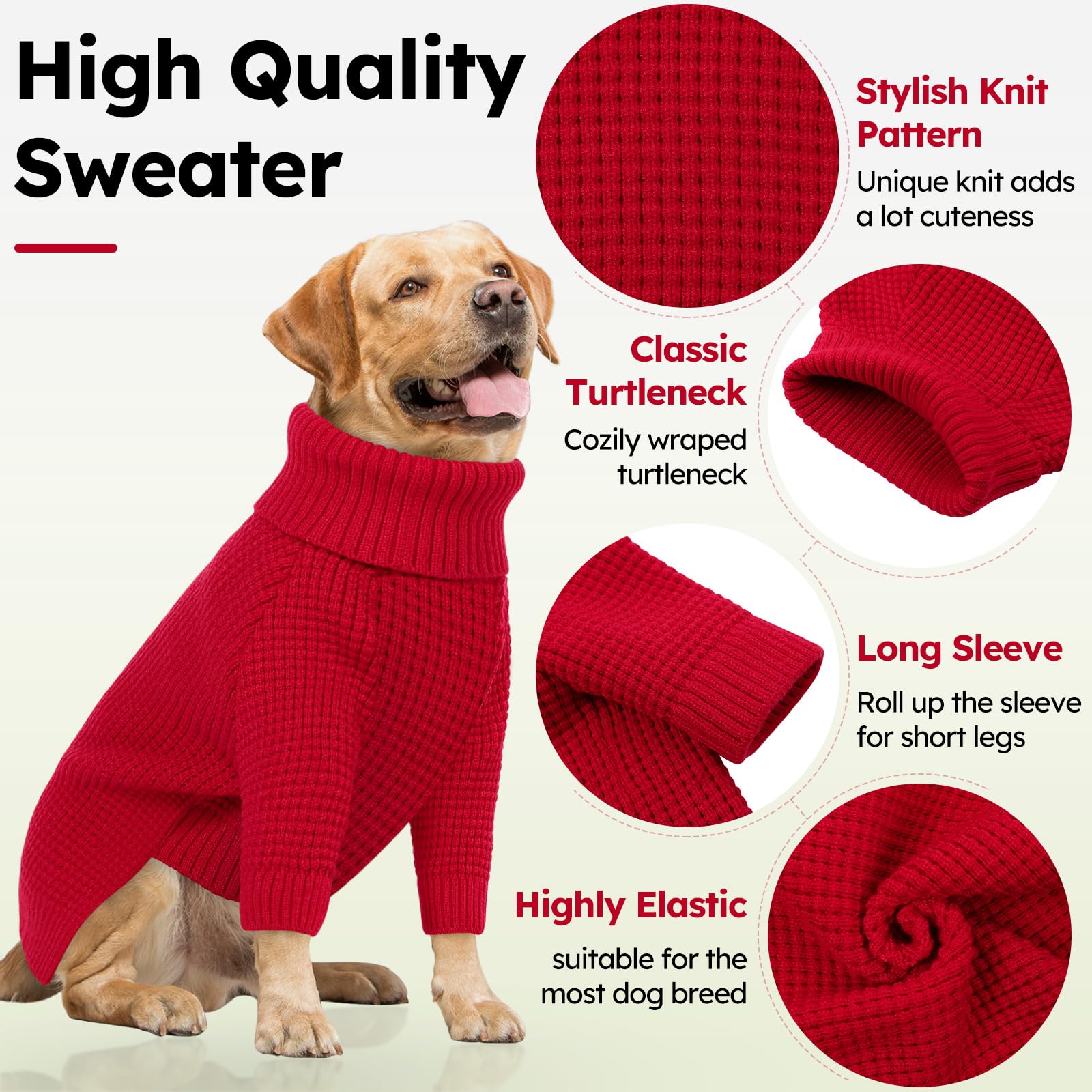Queenmore Turtleneck Large Dog Sweater, Plaid Dog Sweater With Check Pattern, Long Sleeve Holiday Doggie Sweaters, Solid Pet Swe