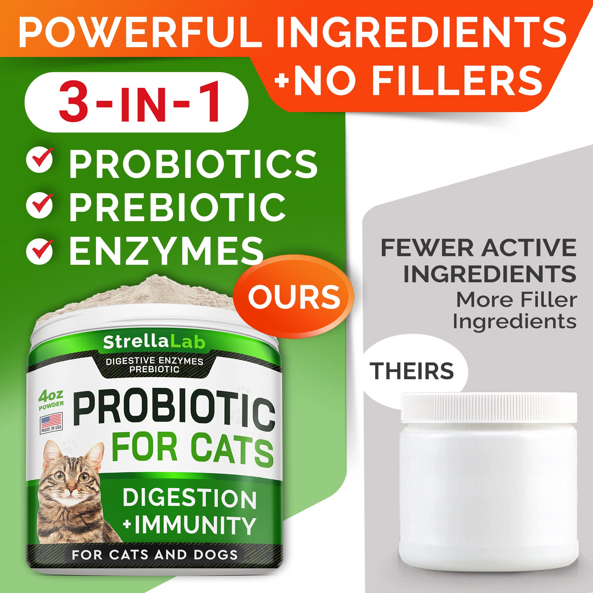 StrellaLab Cat Probiotic Powder - Probiotics for Cats with Diarrhea - Easy to Mix Powder - Cat Probiotics for Indoor Cats, Healt