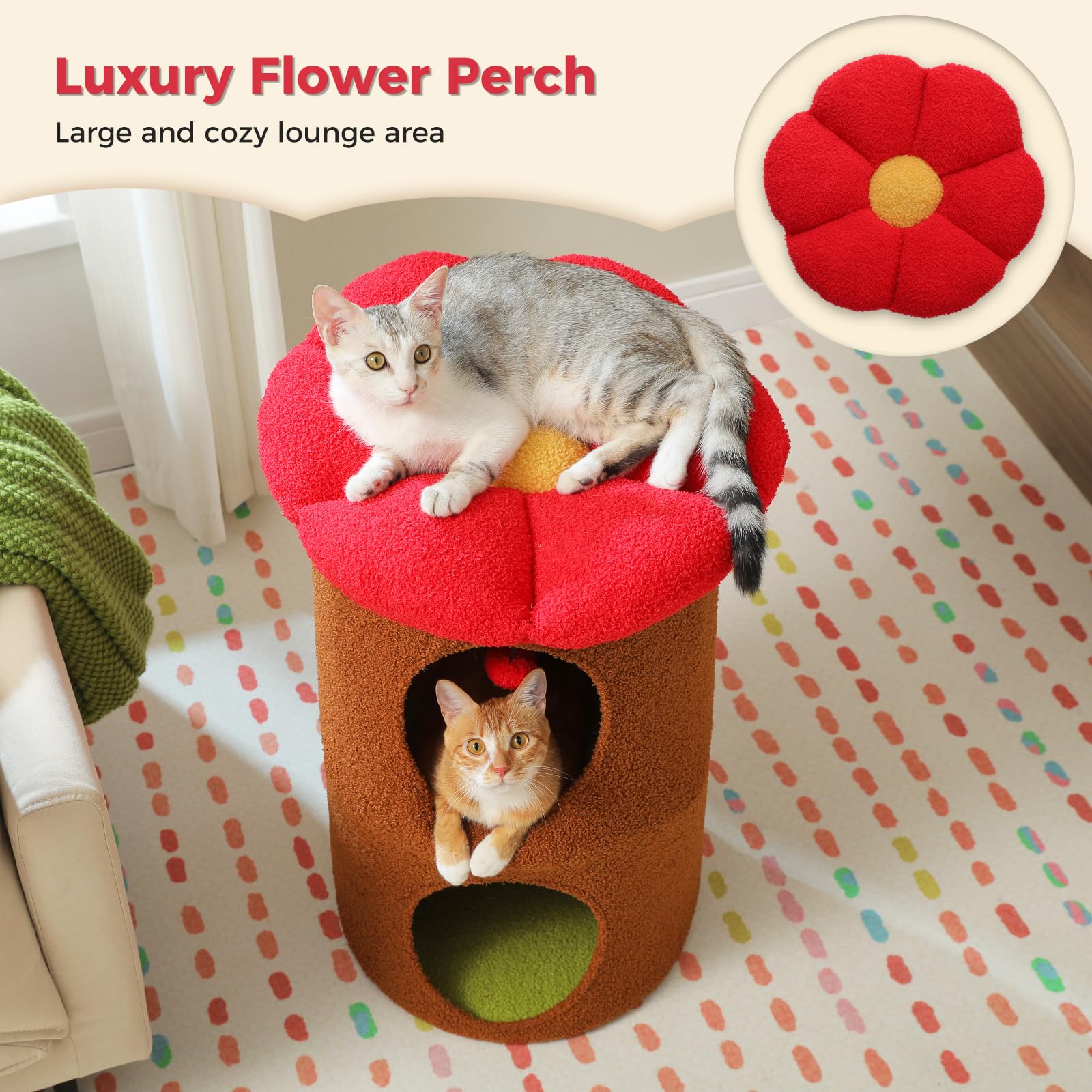 Petepela 2-Level Cat Beds For Indoor Cats, Cat Tree House With Removable Flower Bed, Cute Cats Hideaway, Indoor Cat Tree Condo,