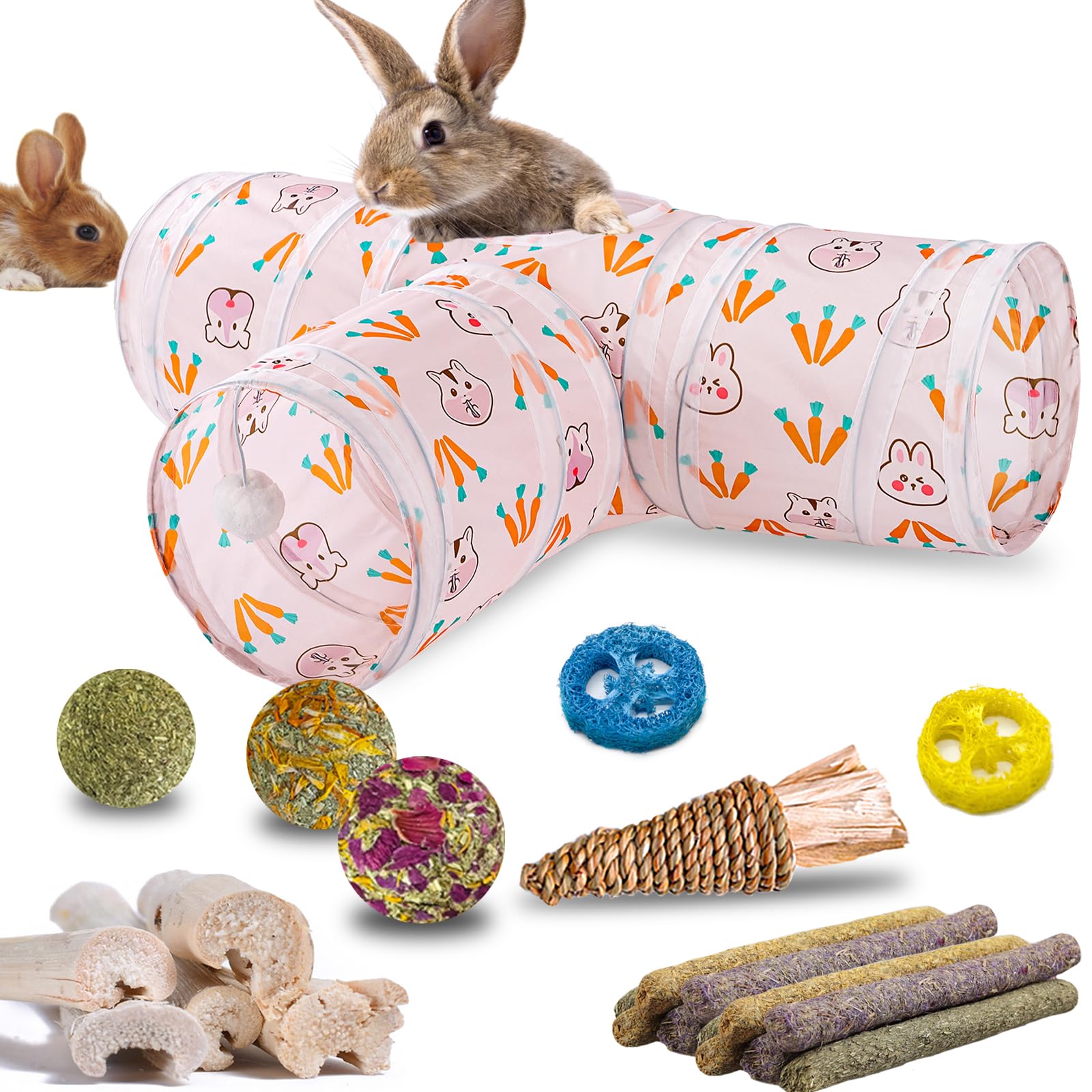 Mechpia Rabbit Toys, Bunny Tunnel & Tubes with Chew Toys for Grinding Teeth Apple Sticks Bamboo Carrot Loofah and Grass Ball for