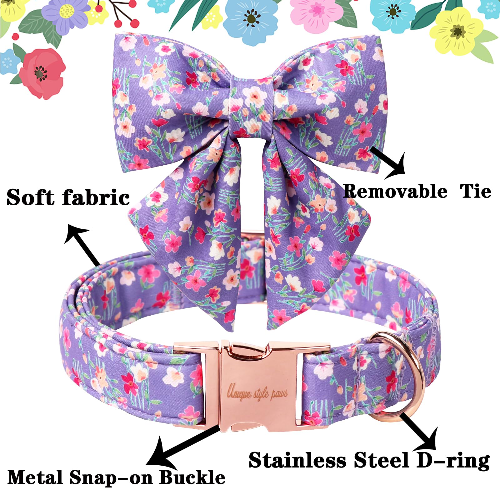 Unique Style Paws Cartoon Dog Collar With Bowtie Spring Summer Collar With Mutiflower For Small Medium Large Boys Girls Dogs