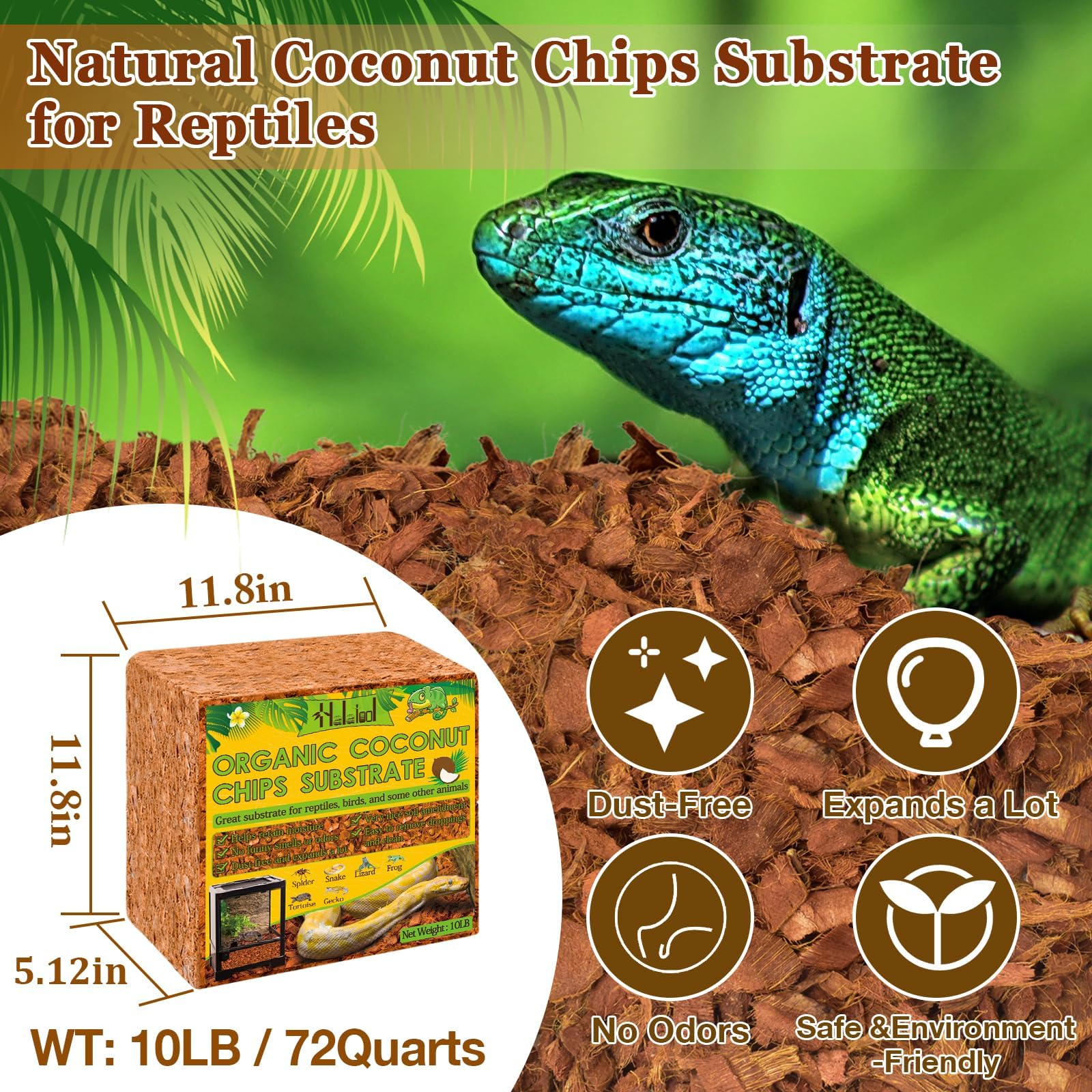 Halatool 10Lb Coconut Chips Substrate For Reptiles 72Qt Natural Coco Husk Snake Bedding For Ball Python Coco Coir Chip Terrarium