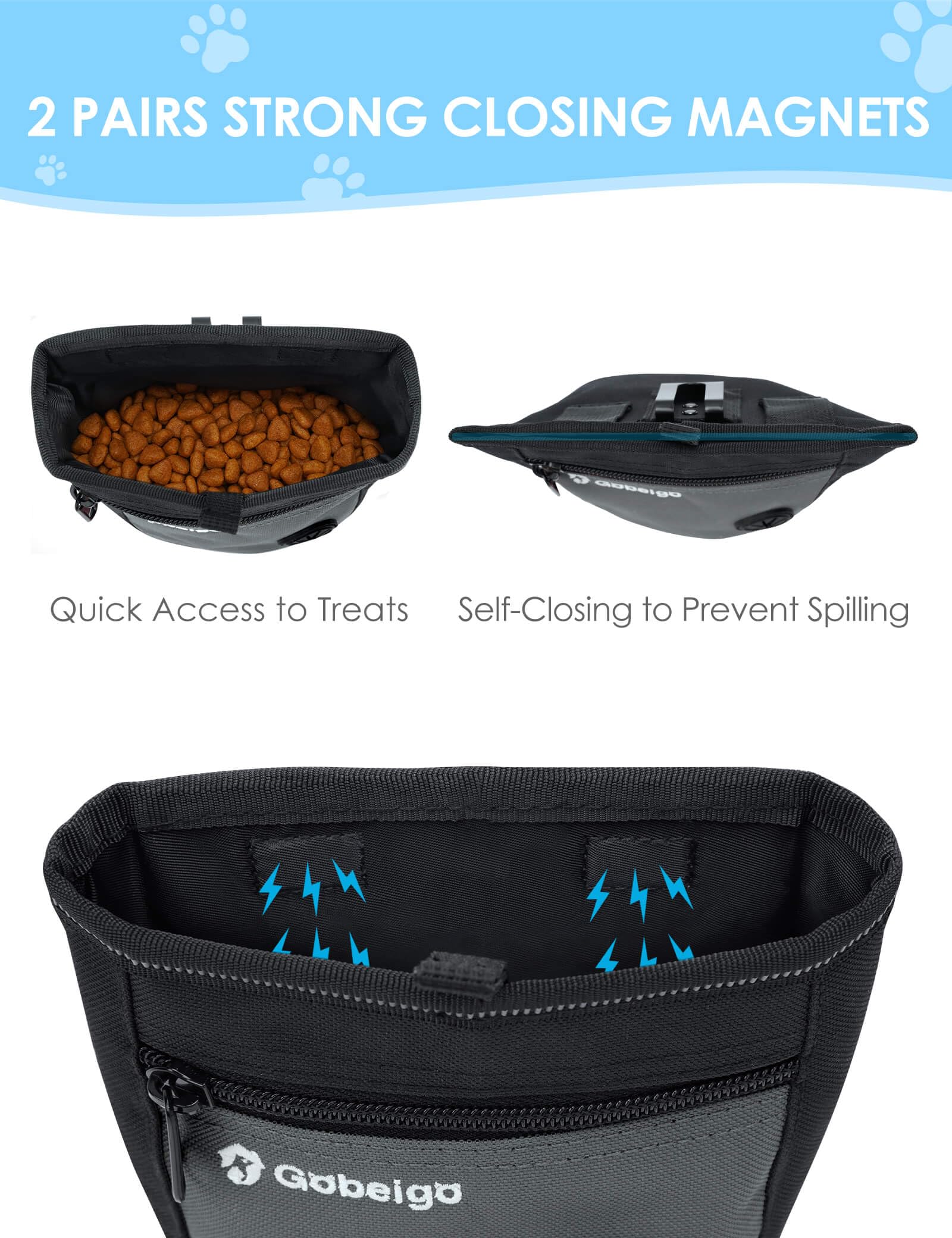 Gobeigo Dog Treat Pouch and Training Clicker, Upgrade Two Magnetic Closure to Prevent Spills, 2 Cup Treat Bag with Poop Bag Disp