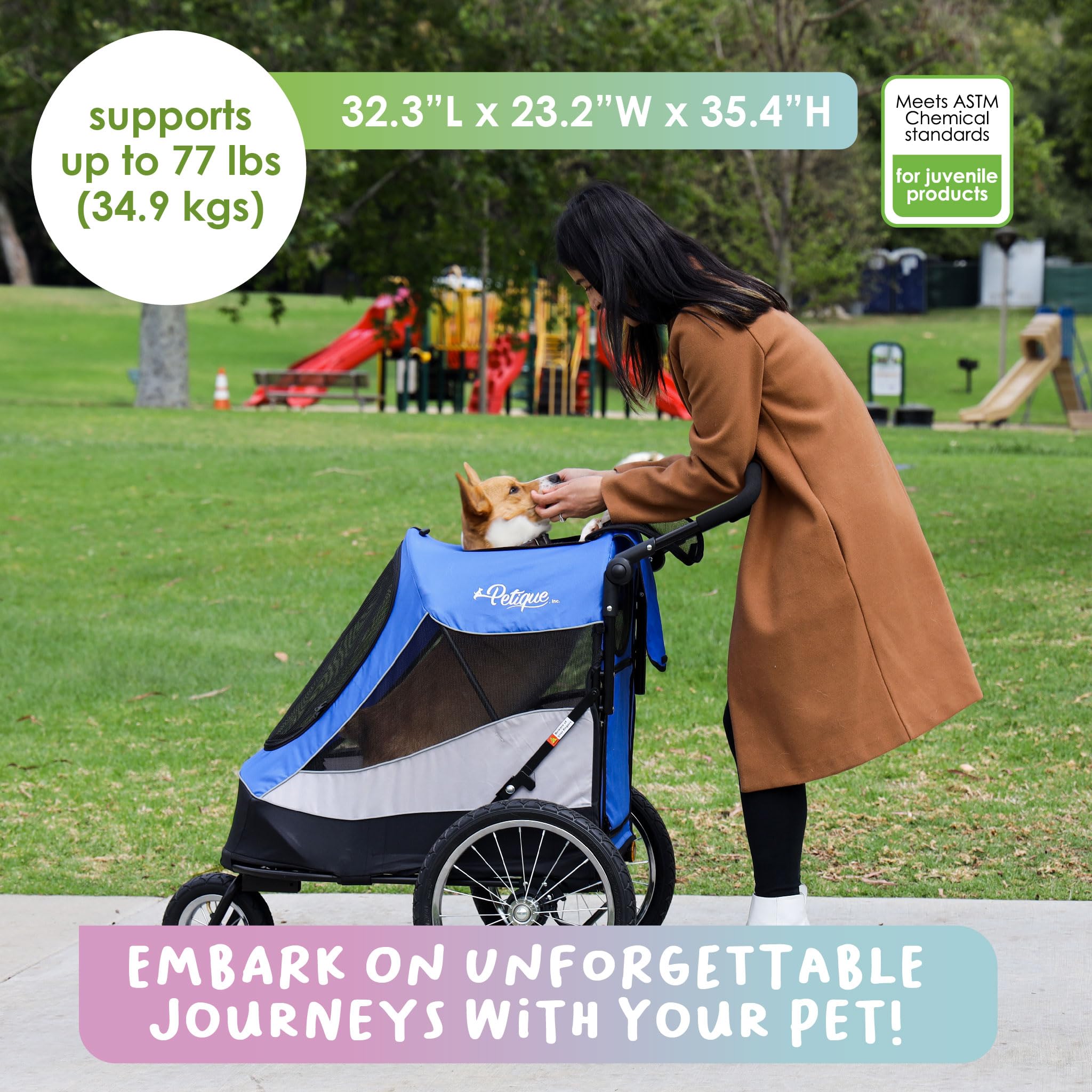 Petique Trailblazer Pet Jogger/Stroller, Bike Trailer, Shock Absorbing Bike Wheels, Large Entry Way, Peek-a-Boo Window, Small/Medium/Large Dogs, Cats and Pets, Supports up to 77LBS - Atlas (Blue) -Like New
