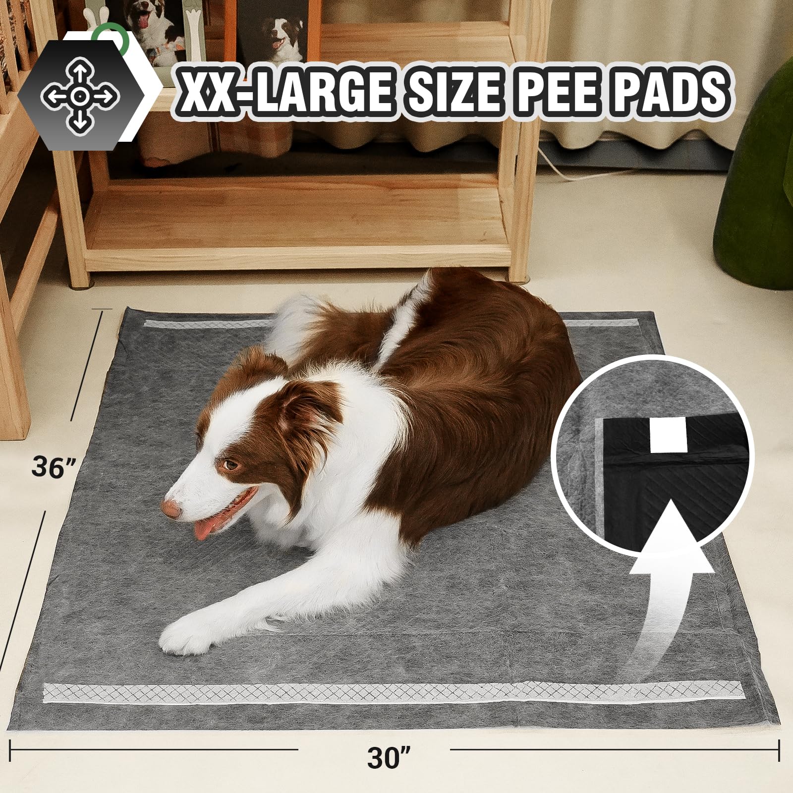 IMMCUTE Extra Large Dog Pee Pads - Charcoal, Absorbent, Fast Drying, XX-Large 30"x36", 30 Count, Black, with Adhesive Strip