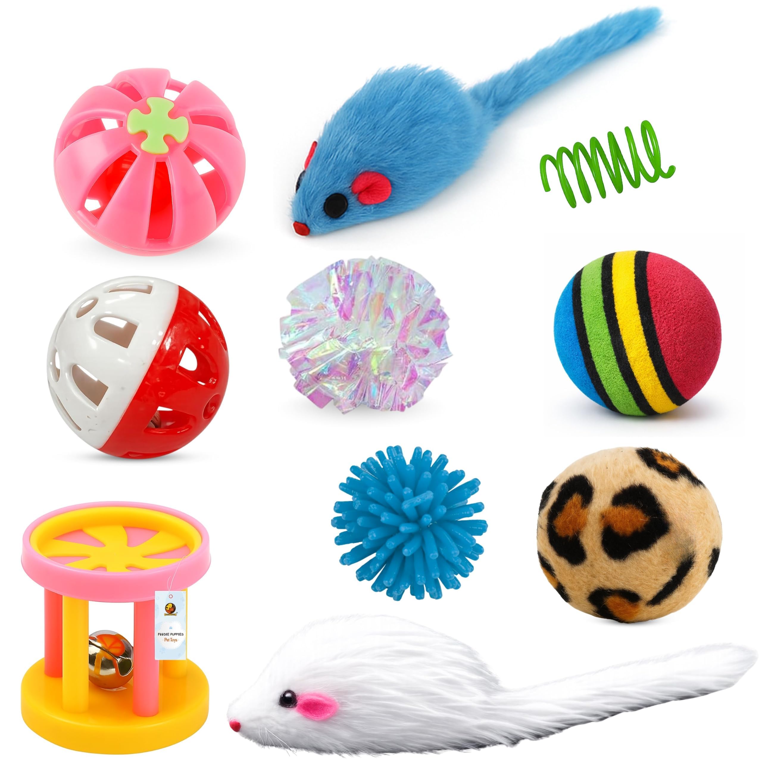 Foodie Puppies 10 Pcs Interactive Cat Toy Combo Set | Assorted Balls, Mouse, Spring & Ball Bell Toys For Cats & Kittens | Indoor