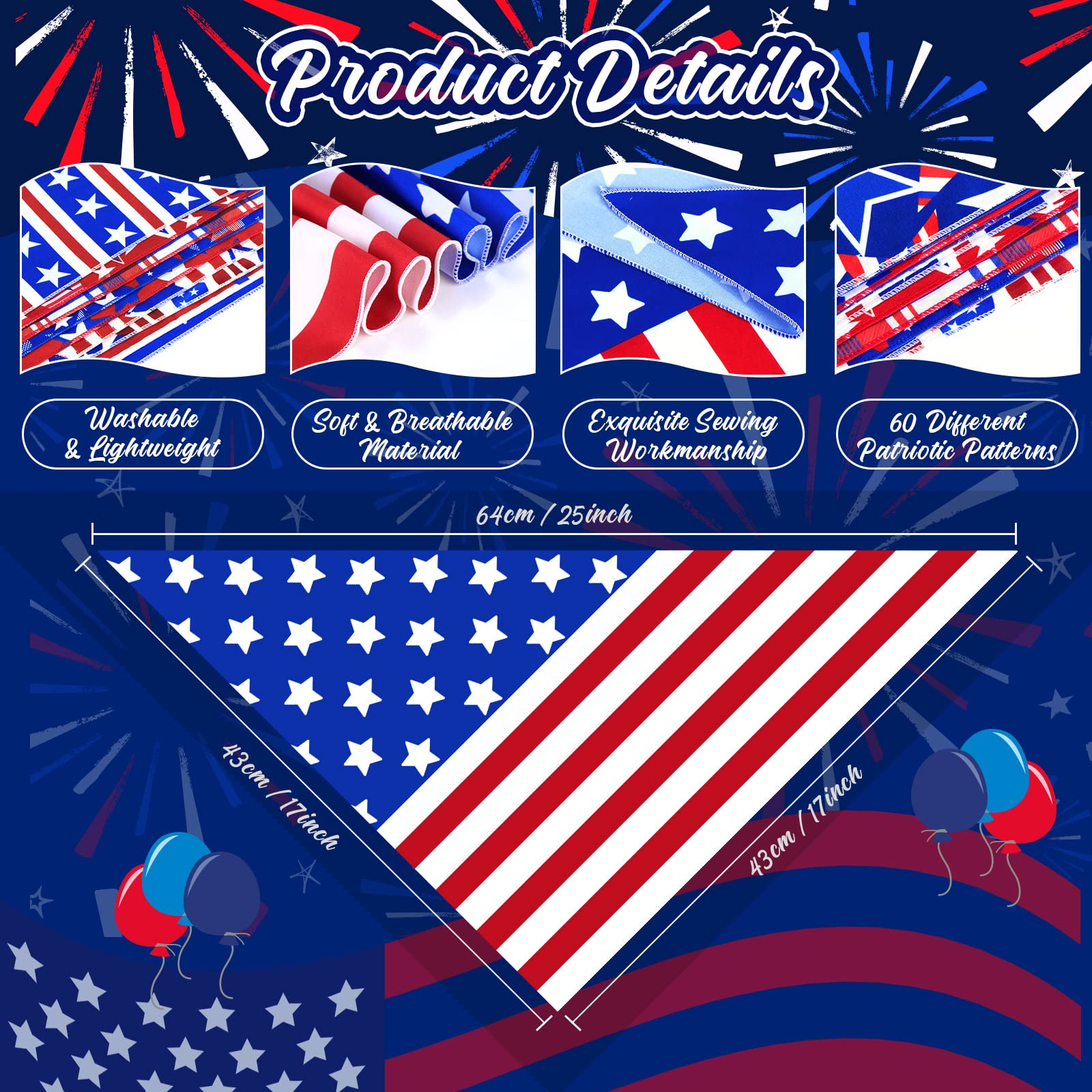 60 Pcs 4Th Of July Dog Bandanas Bulk American Flag Pet Scarf Triangle Bibs Holiday Puppy Neckerchief Washable Adjustable Patriot