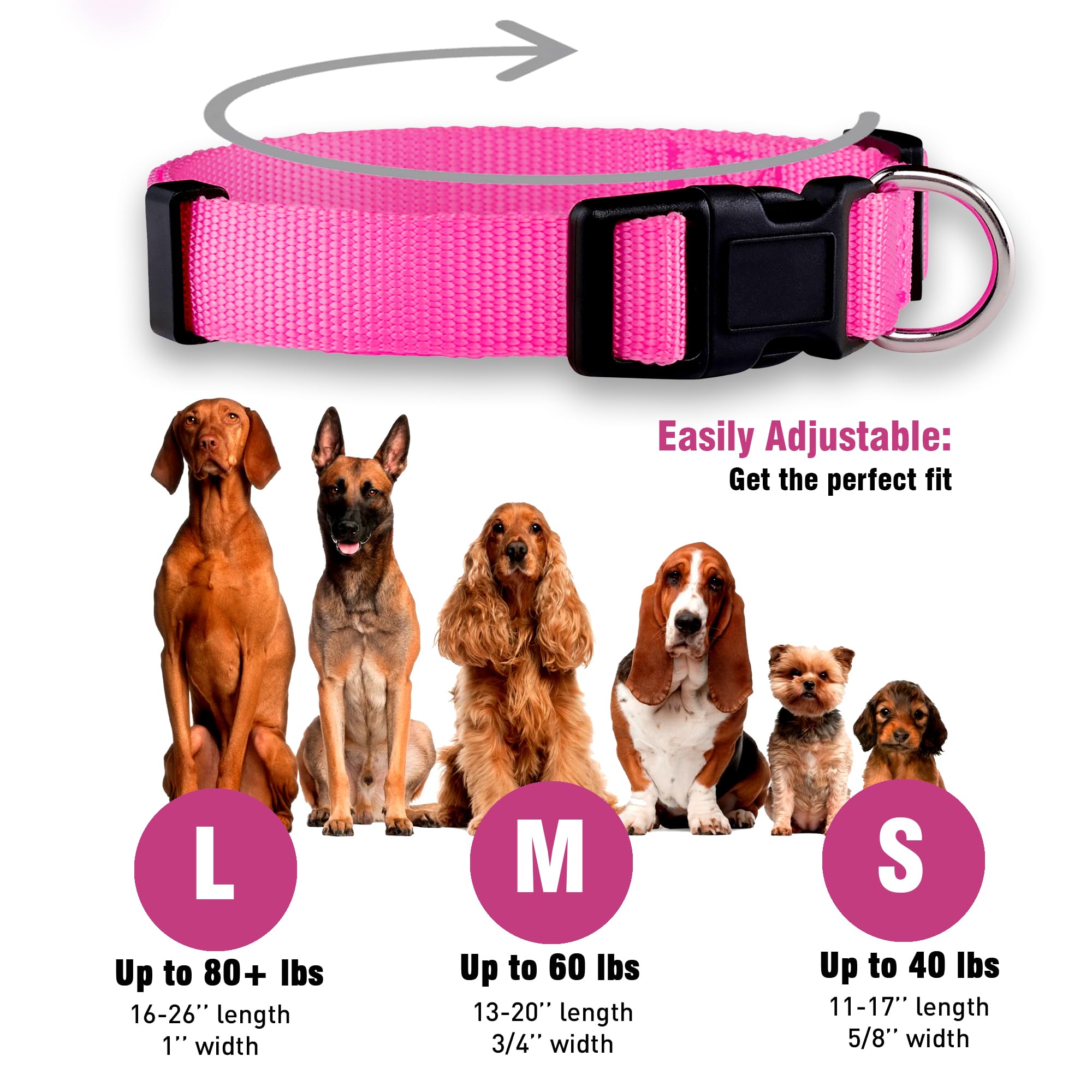 Native Pup Basic Nylon Dog Collar, Adjustable For Small, Medium, Large Pet And Puppies Accessories, Cute Colors For Male, Female, Boy, Girl, Puppy (Large, Hot Pink)