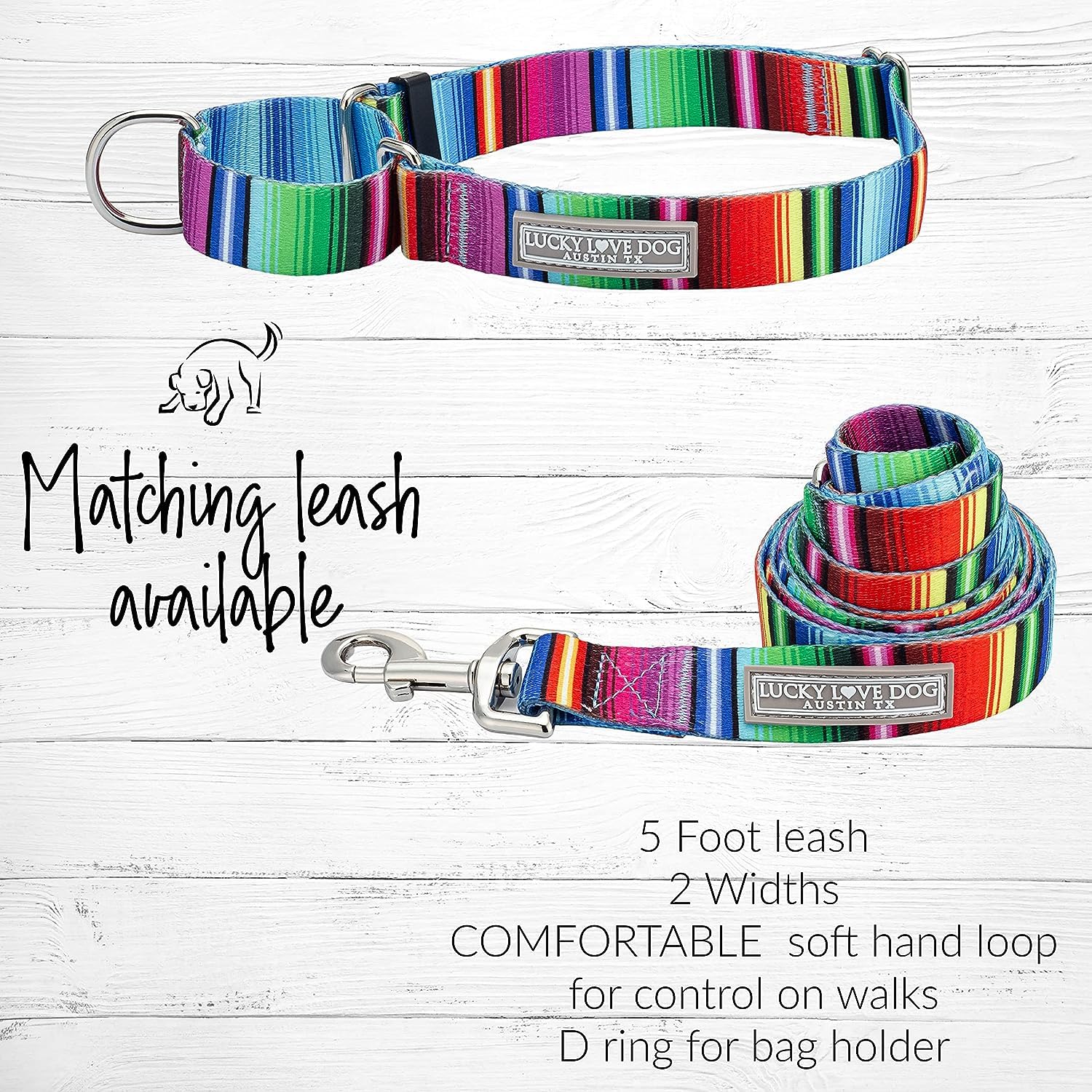 Lucky Love Dog Martingale Dog Collar & Leash - Adjustable, No-Slip, Durable, Comfortable, Soft Webbing, & Stylish Patterned Dog
