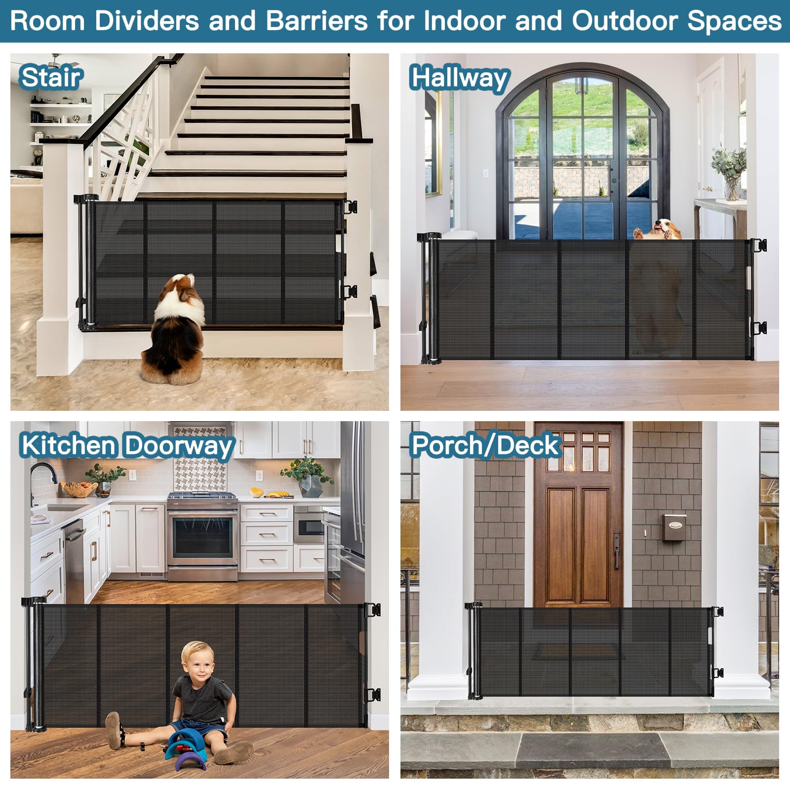 Stcockis 28" Tall Retractable Dog Gate, 80" Wide PVC Mesh, Easy Step Over, Black