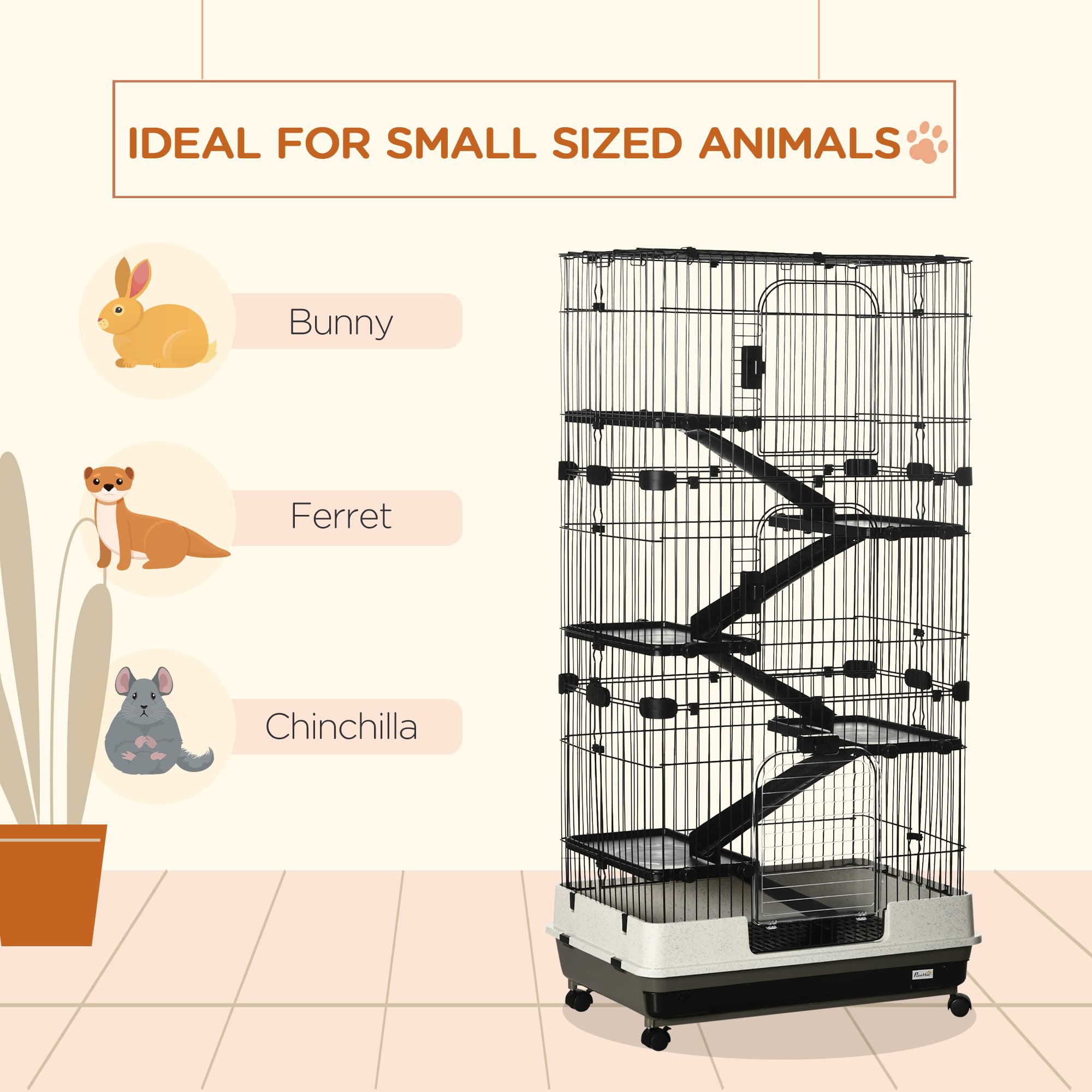 Pawhut 6-Level Small Animal Cage Rabbit Hutch With Wheels, Removable Tray, Platform And Ramp For Bunny, Chinchillas, Ferret, Black