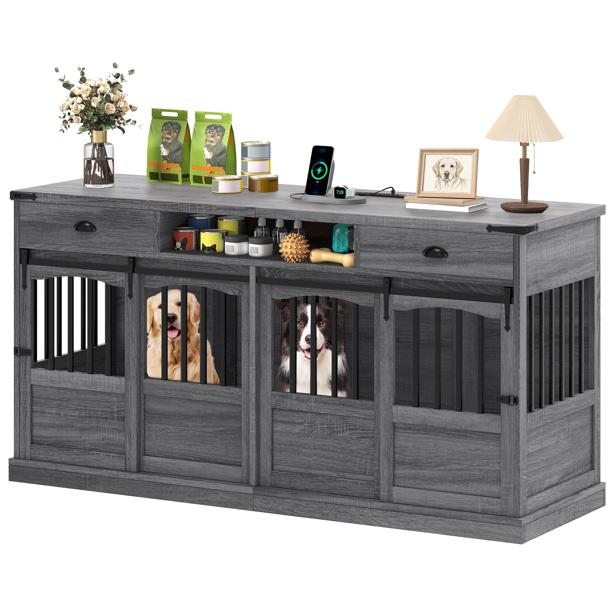 Homiflex Double Dog Crate Furniture with Storage, Heavy Duty Wooden Dog Crates for 2 Medium Large Dogs, Decorative Dog Kennel In