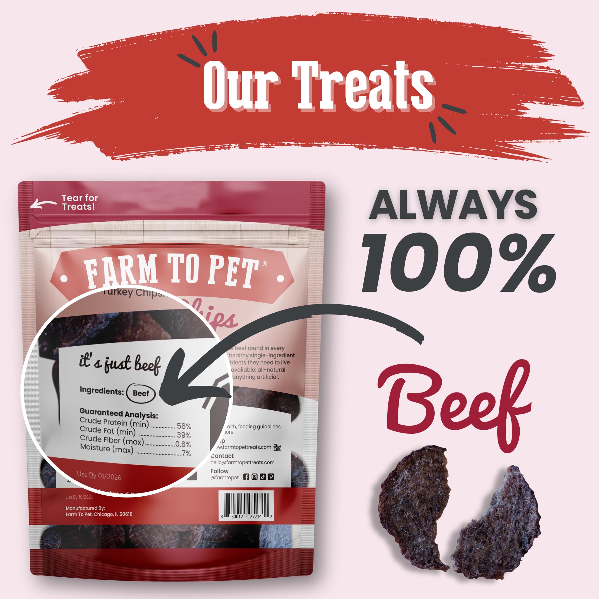 Farm To Pet - Dog Training Treats - 12 oz Beef Chips, Single Ingredient, Lean, All Natural, Healthy Dog Treats for Small, Medium