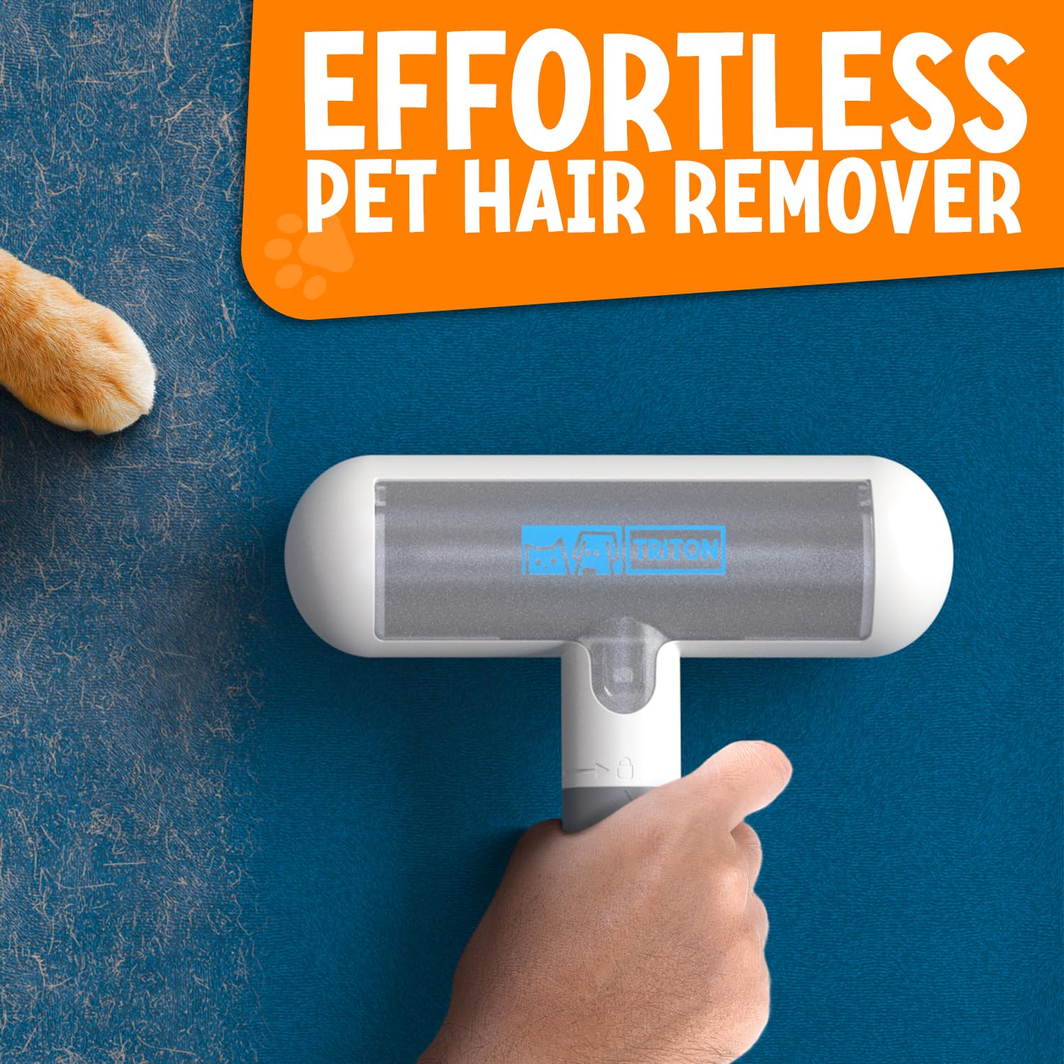 Triton Pet Hair Remover Tool - Travel Size, Detachable Handle, Gray/White, Fur Trapping Compartment, Reusable for Cats & Dogs