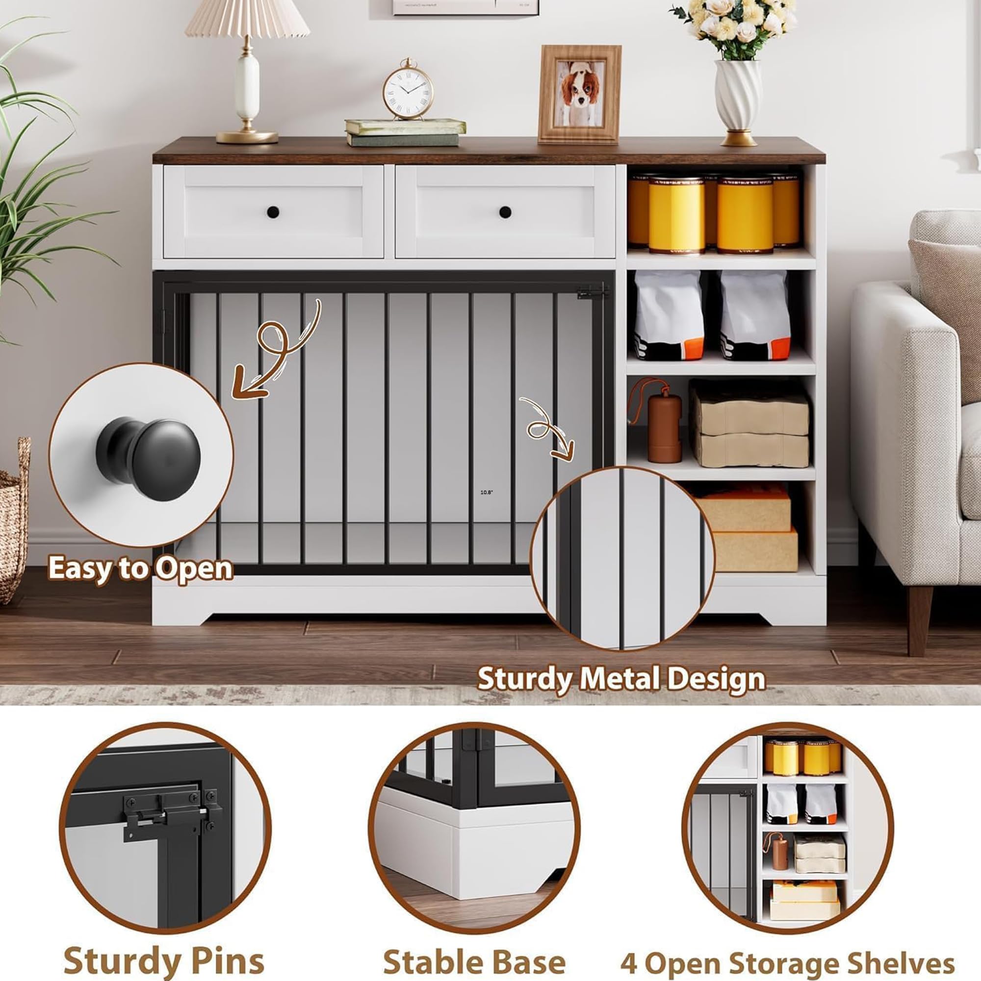 Dog Crate Furniture 47, Large Dog Crate TV Stand with 2 Drawers and 4 Shelves, Wooden Dog Kennel Indoor, Decorative Dog Cage wit