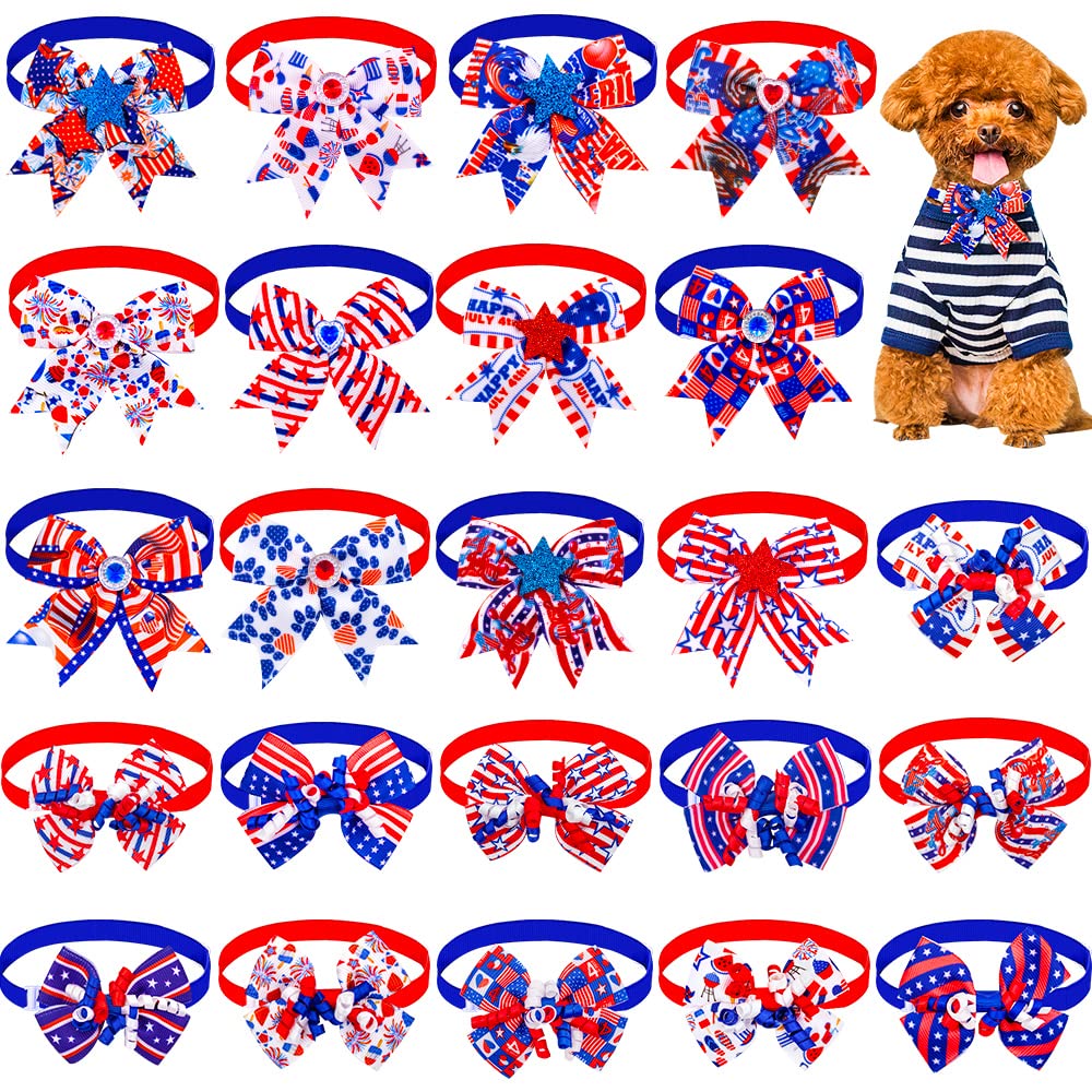 24Pcs 4Th Of July Dog Bow Tie Collar, Independence Day Pet Bow Tie, Adjustable Star Stripe Collar, Patriotic Memorial Day Pet Bo