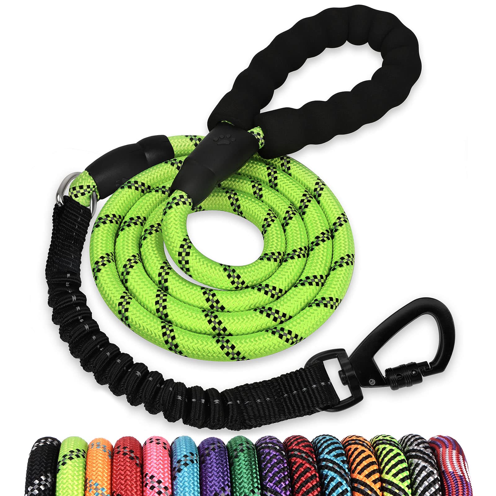 Rope Dog Leash 6 Ft: Heavy Duty Leashes With Swivel Lockable Hook Reflective Threads Bungee And Padded Handle - Dog Lead For Large Small Medium Dogs Outside Walking Hiking Green