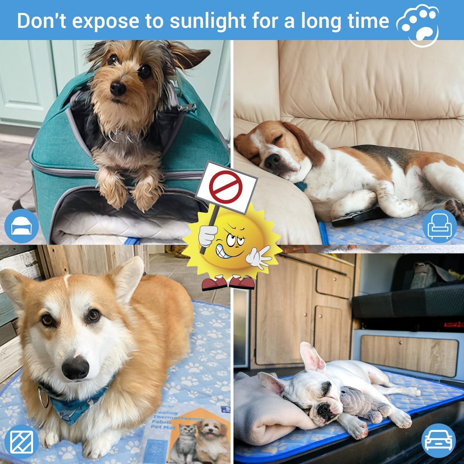 Rywell Self-Cooling Mat For Dogs Small,Cats,Rabbit&Guinea Pig Cage Liners 24'' X 18''- Endothermic Color Changing Arc-Chill Cooling Fiber - Washable Non-Toxic Summer Pet Bed, Non-Slip, Foldable