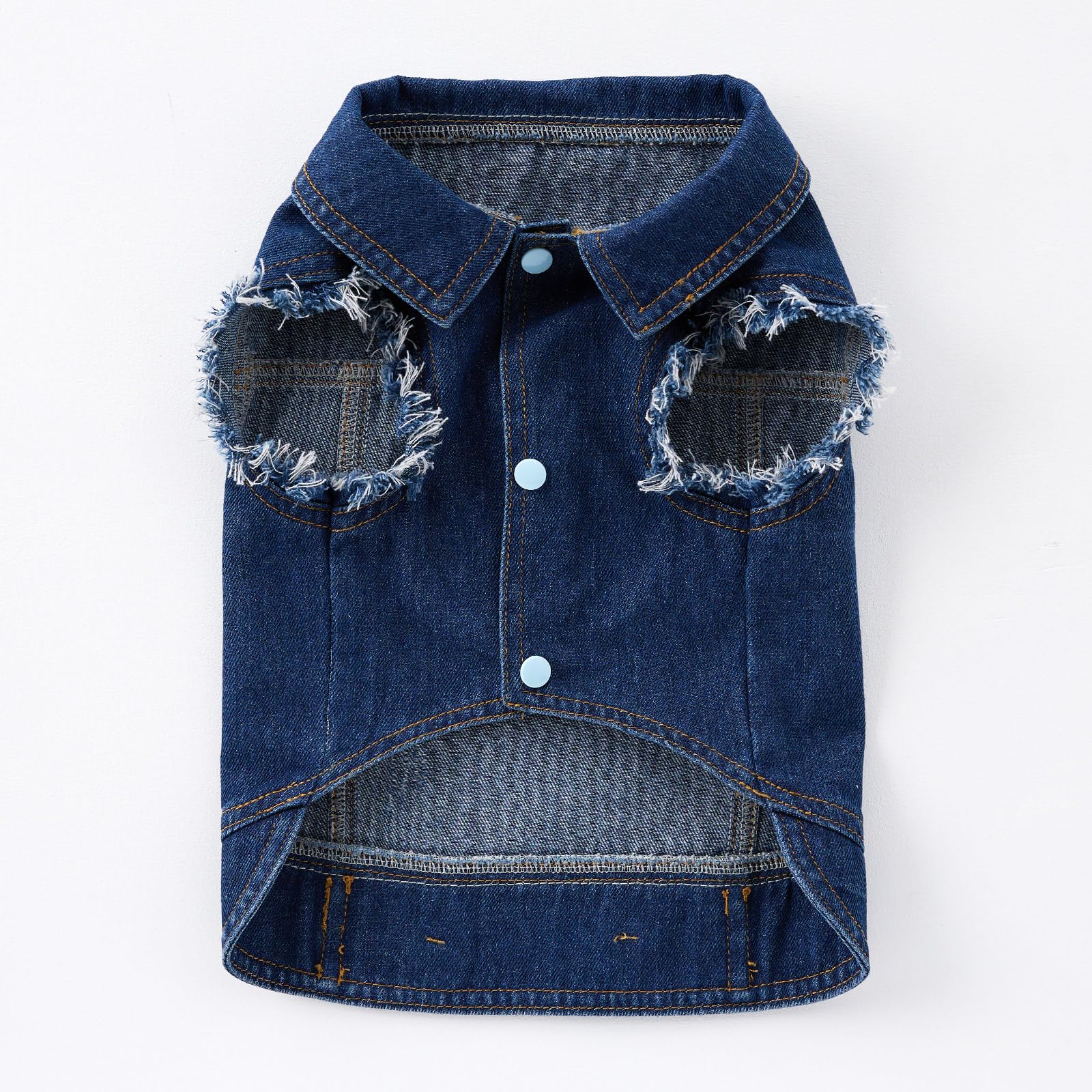 Cantuccistudio Pet Denim Jacket For Dogs With Leash Ring, Fringed Sleeves, Blue Jean Coat, Dog Collar Vest, Classic Design, Vint