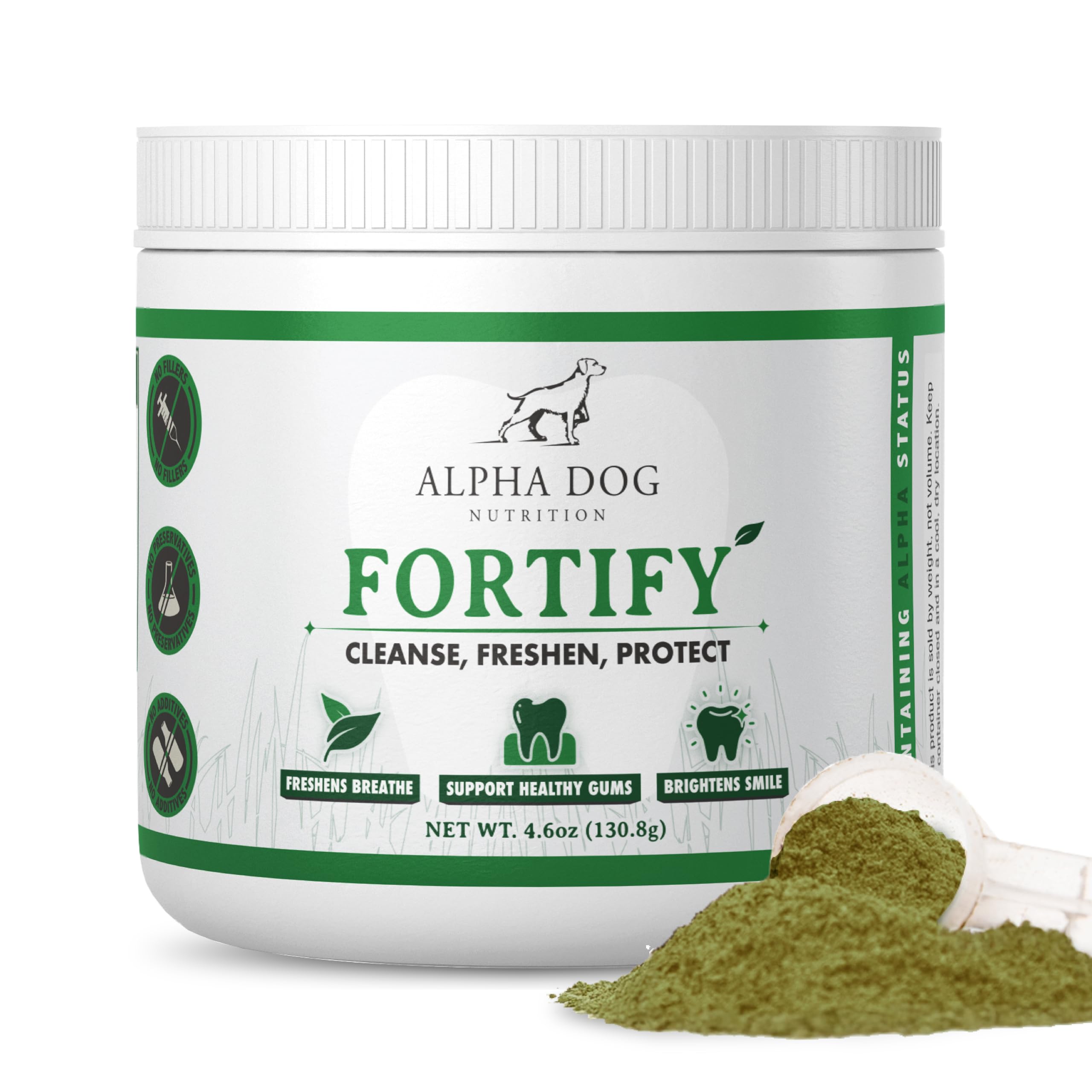 Dog Teeth Cleaning Powder - Fortify Dental Powder for Dogs - Plaque Remover and Freshens Bad Breath with Fresh Green Supplements