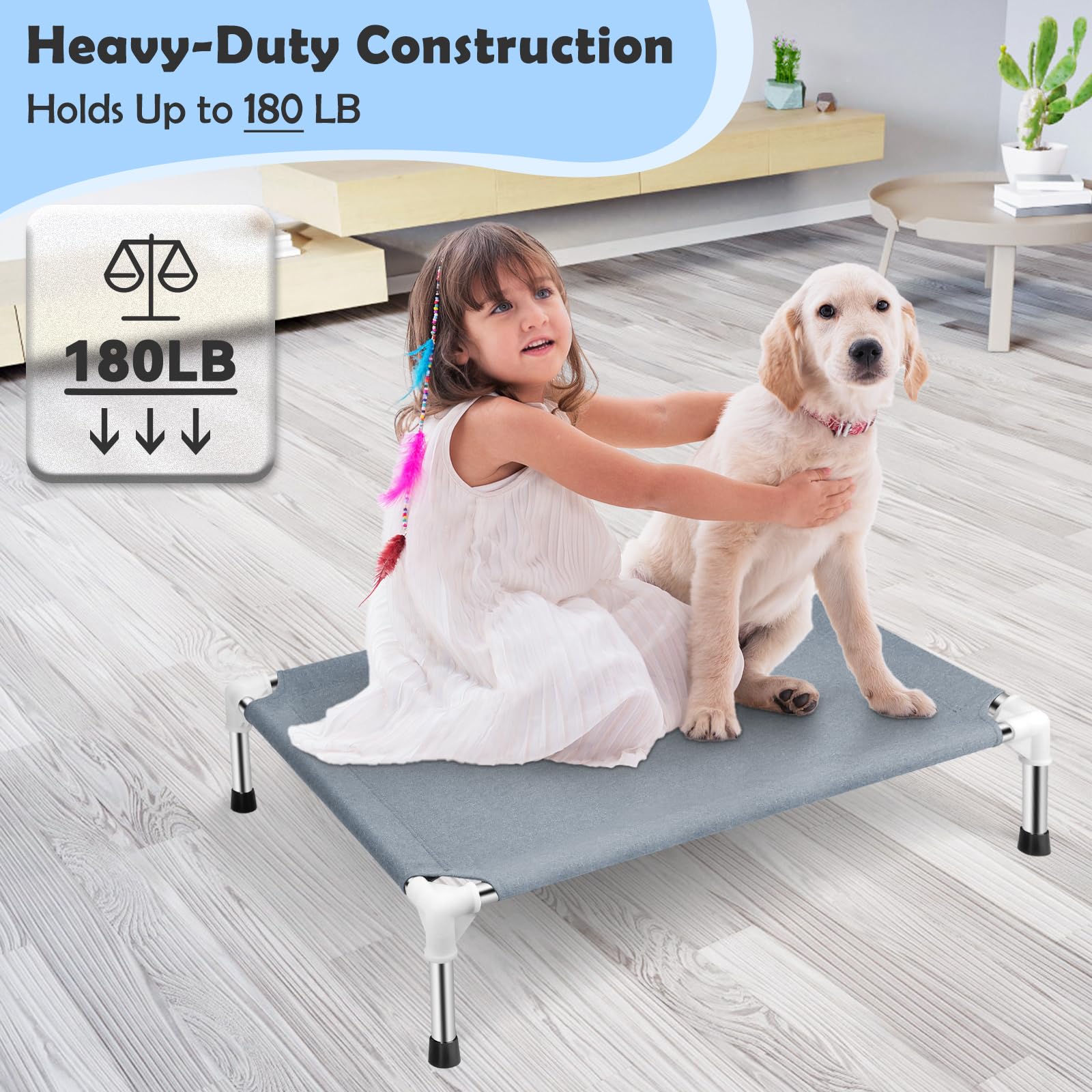 Elevated Cooling Dog Bed, Raised Outdoor Dog Bed For Medium Dogs, Portable Pet Cots With No-Slip Rubber Feet, Double Layer Polye