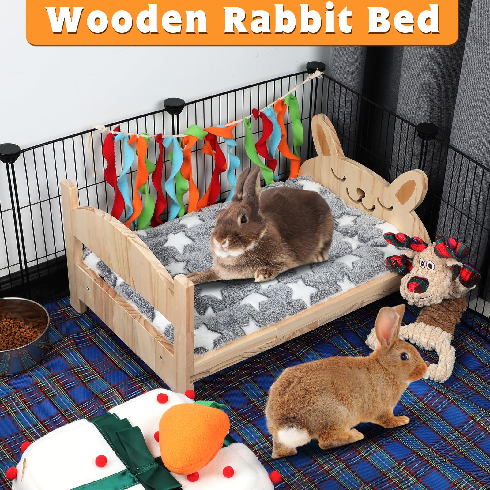 Bwogue Large Wooden Rabbit Bed, 2 In 1 Folding Wooden Pet Bed With Removable Cushion Small Animals Bed For Rabbits Bunny Guinea