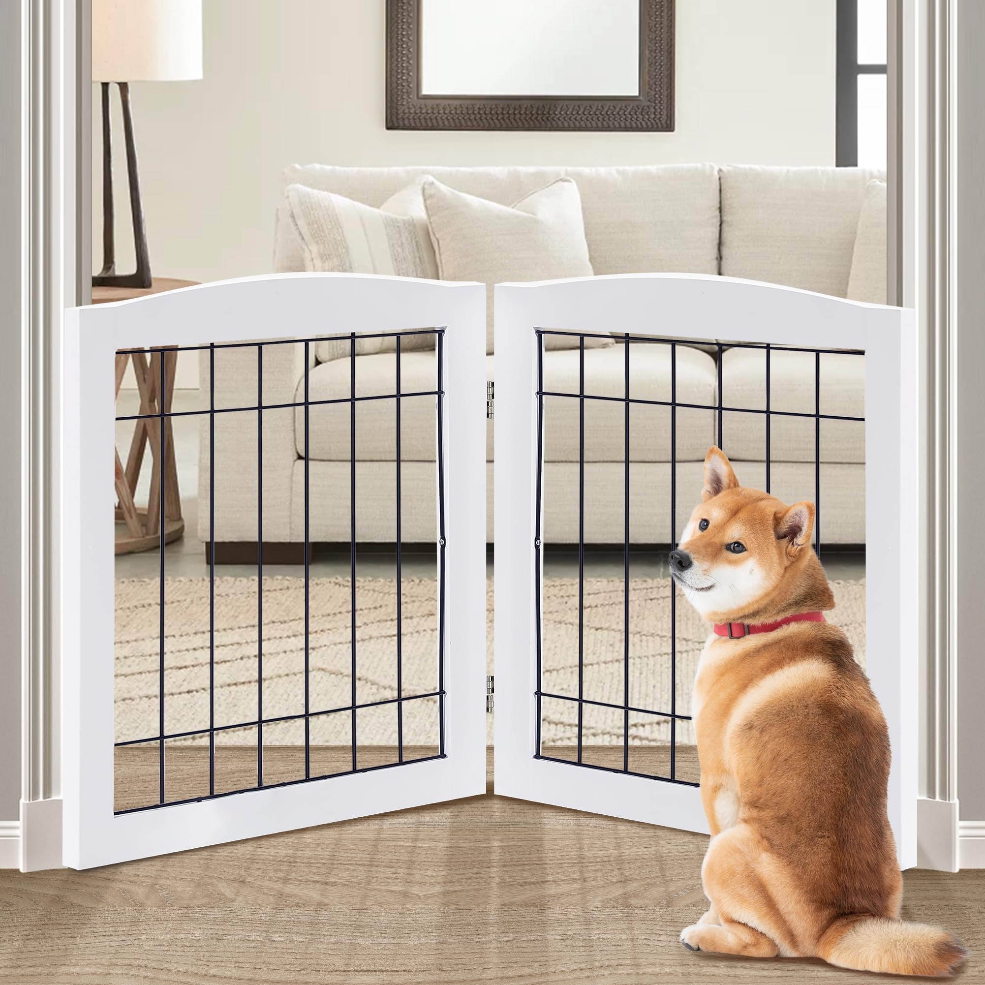 LZRS 2-Panel Freestanding Foldable Wood Dog Gate - Solid Wood & Steel Wire, Chew-Resistant Pet Barrier for Indoor Use, Ideal for