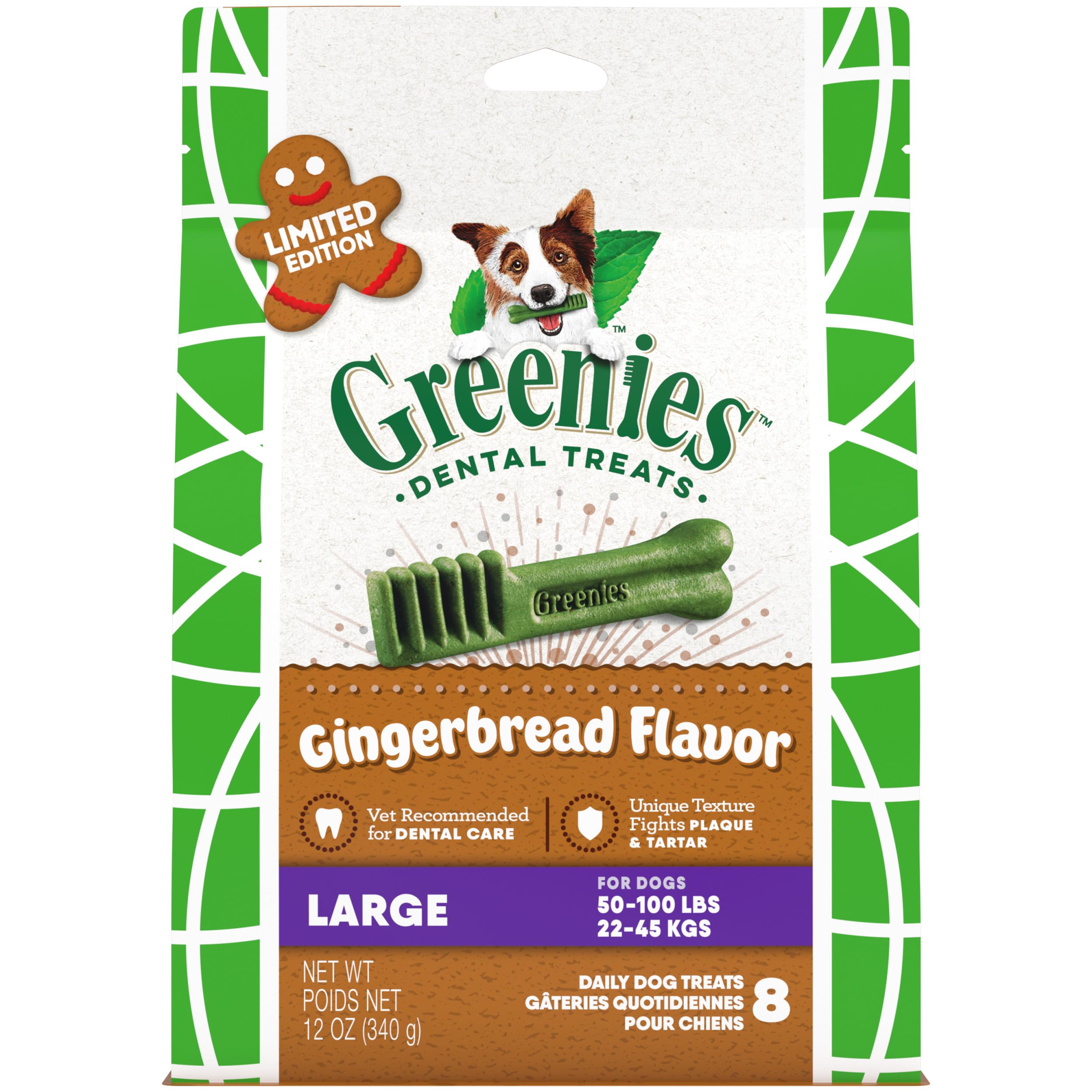 Greenies Large Dental Dog Treats, Gingerbread Flavor, Limited Edition, 12 oz. Pack (8 Treats)