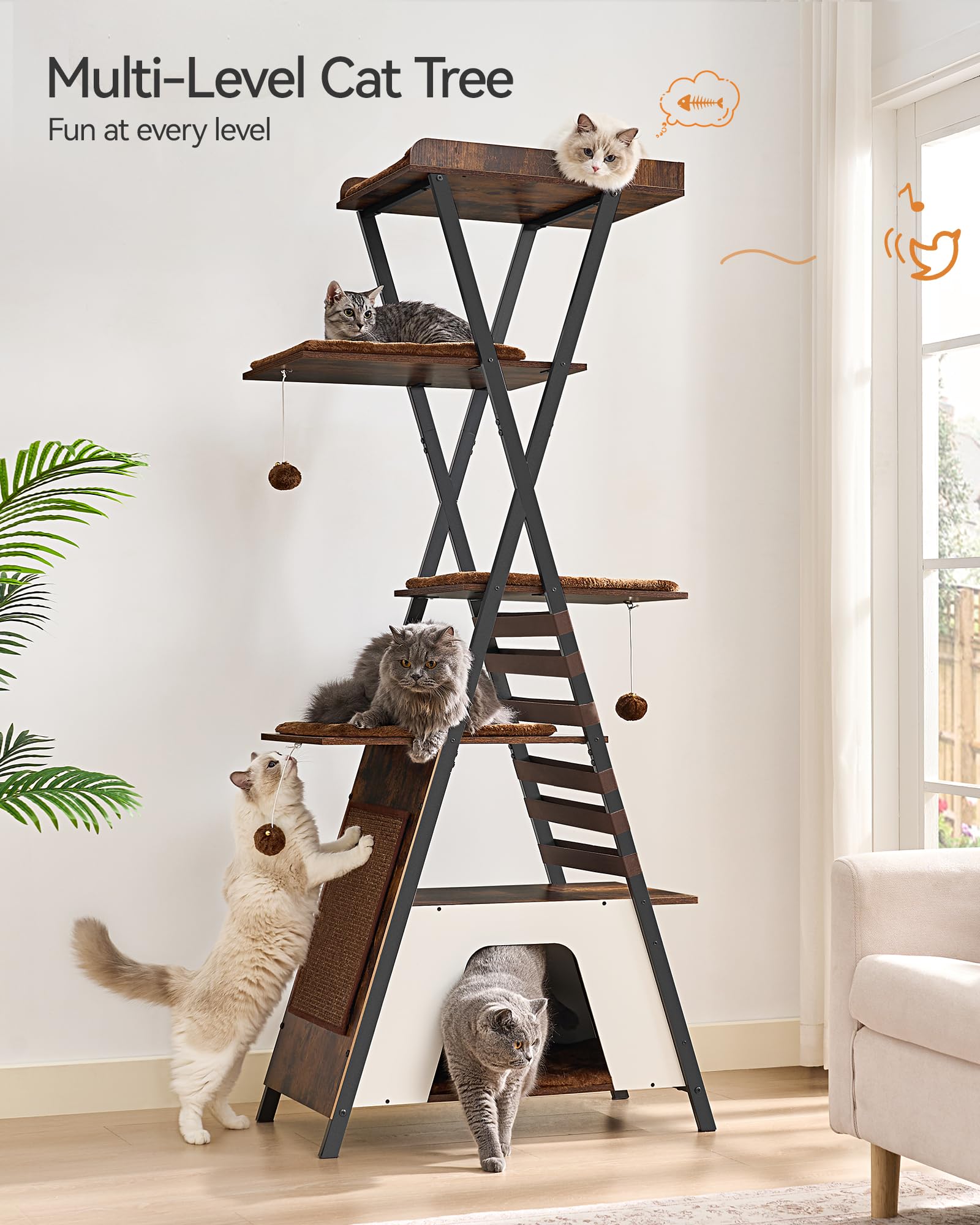 Fourfurpets 72.4'' Modern Cat Tower For Indoor Cats - Multi-Level Condo With Caves, Tall Tree With Scratching Board, Wooden Towe