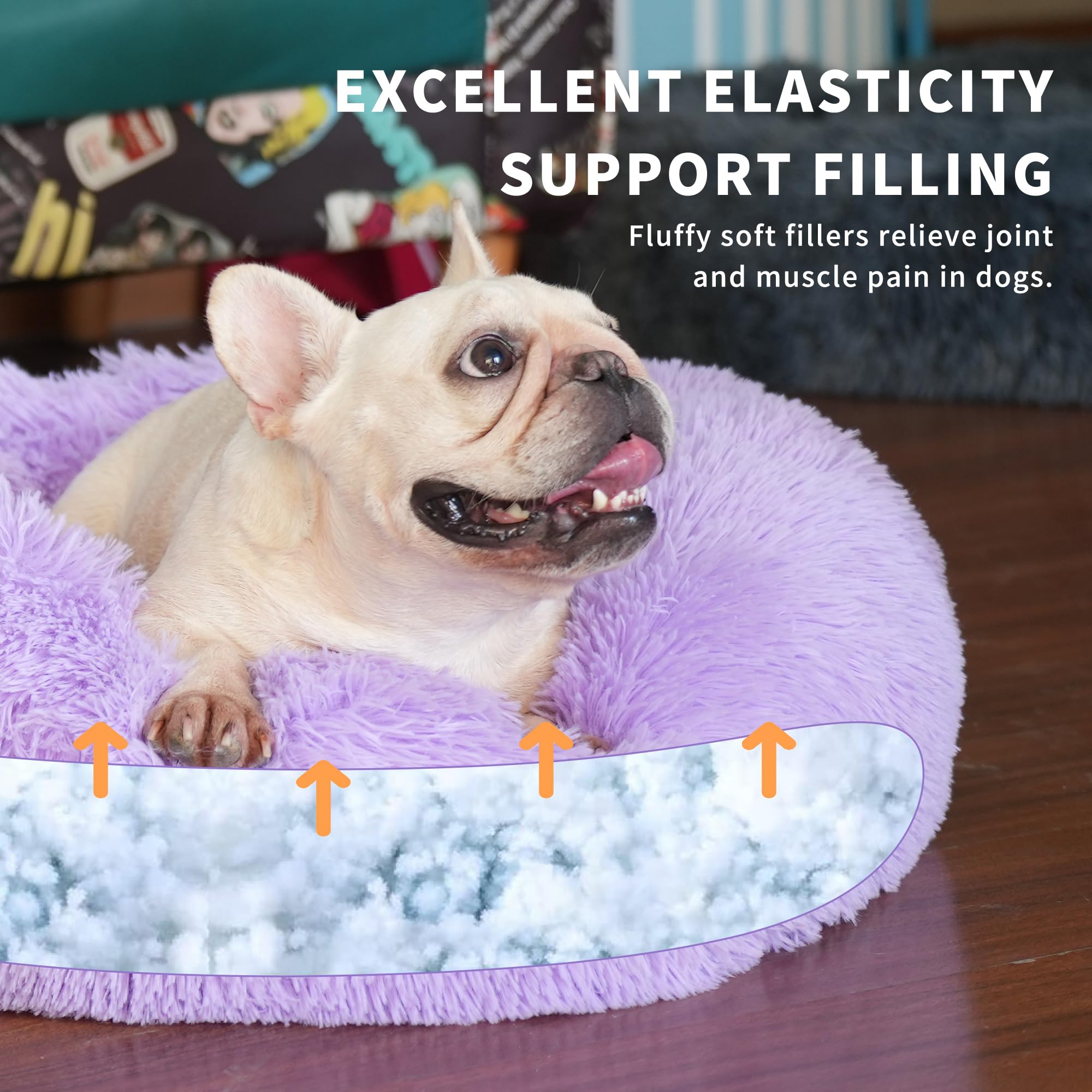 Purple Dog Bed Medium Size Dog 23 Inch Anti-Anxiety Donut Dog Cuddler Bed, Warming Cozy Soft Dog Round Bed, Fluffy Faux Fur Plush Dog Cat Cushion Bed For Small Medium Dogs And Cats