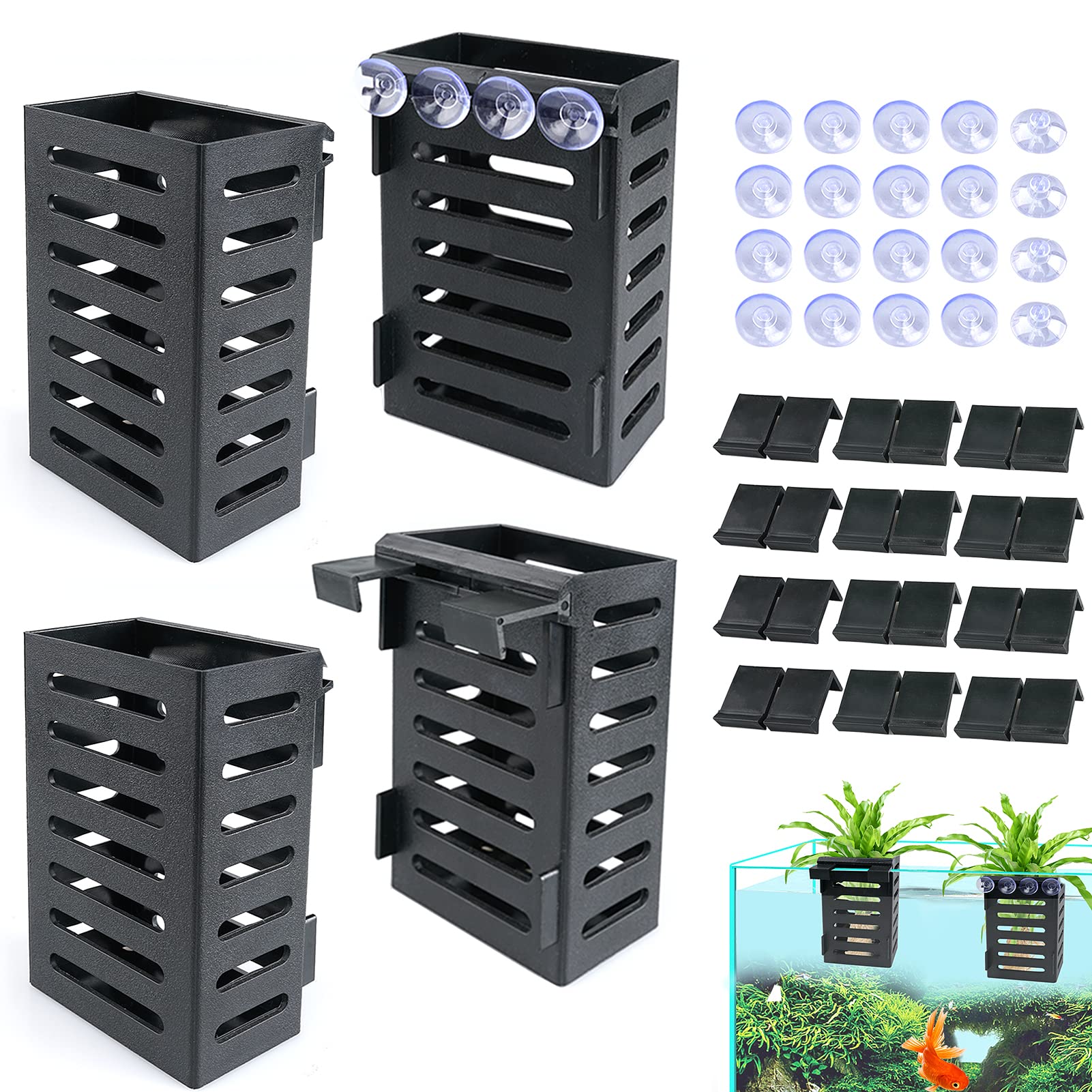 Uprony Aquarium Plant Holder 4 PCS Hanging Aquatic Plant Pot with 24 Hooks and 20 Suction Cups for Fish Tank Aquarium Planter an