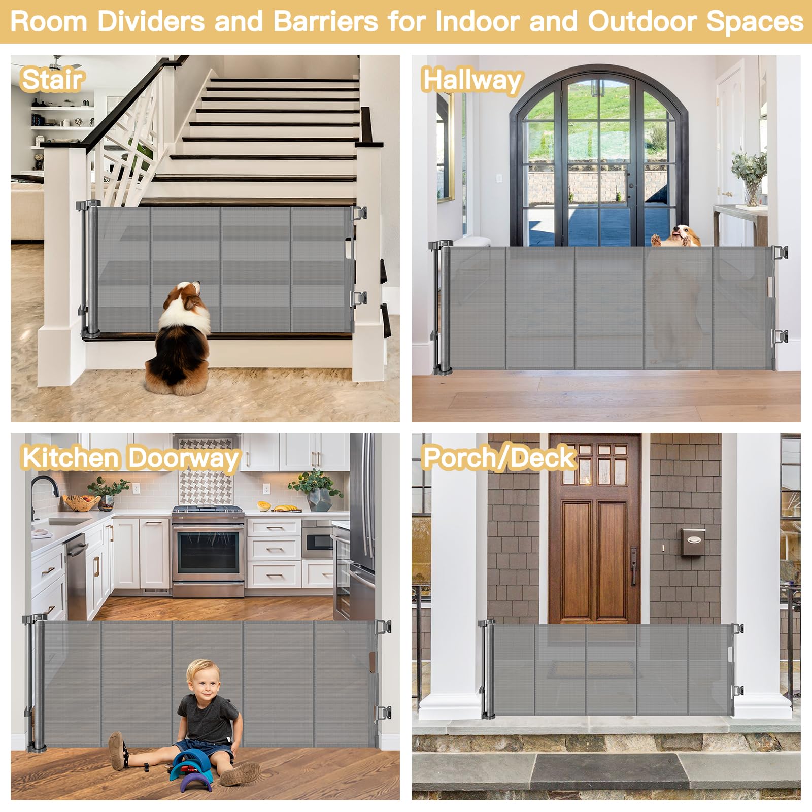 Reinforced 28-Inch Tall Retractable Baby Gates for Doorways, Walk Through Pet Gate for Stairs, Short Baby Gate with Support Rods